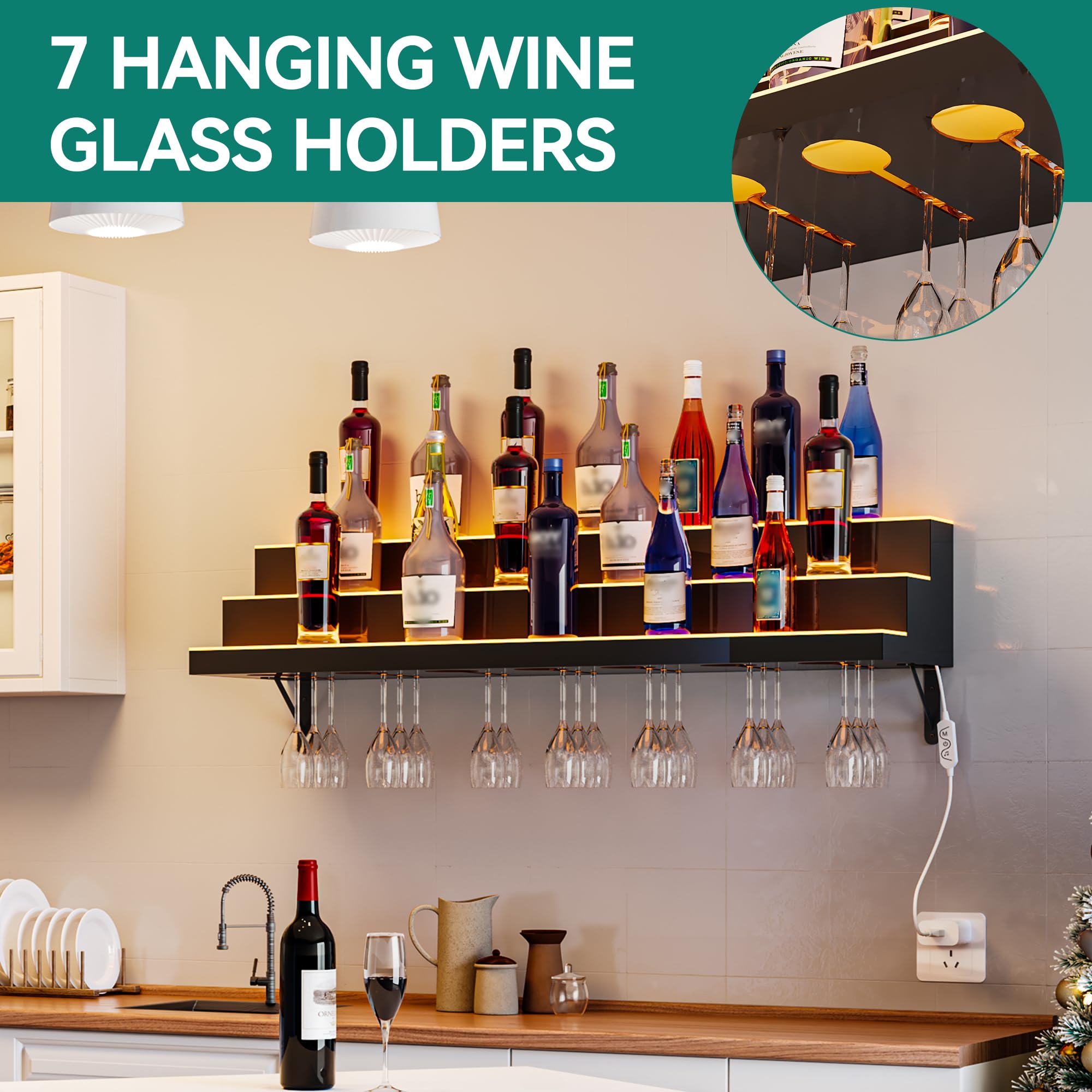 YITAHOME 40-inch 3-Tier LED Light Wall Mounted Acrylic Liquor Display Shelf with Wine Holder Slots & Remote/App Control - Modern Bar Storage for Home, Restaurant, or Commercial Use - Perfect for Whiskey, Wine, and Spirit Bottle Organization