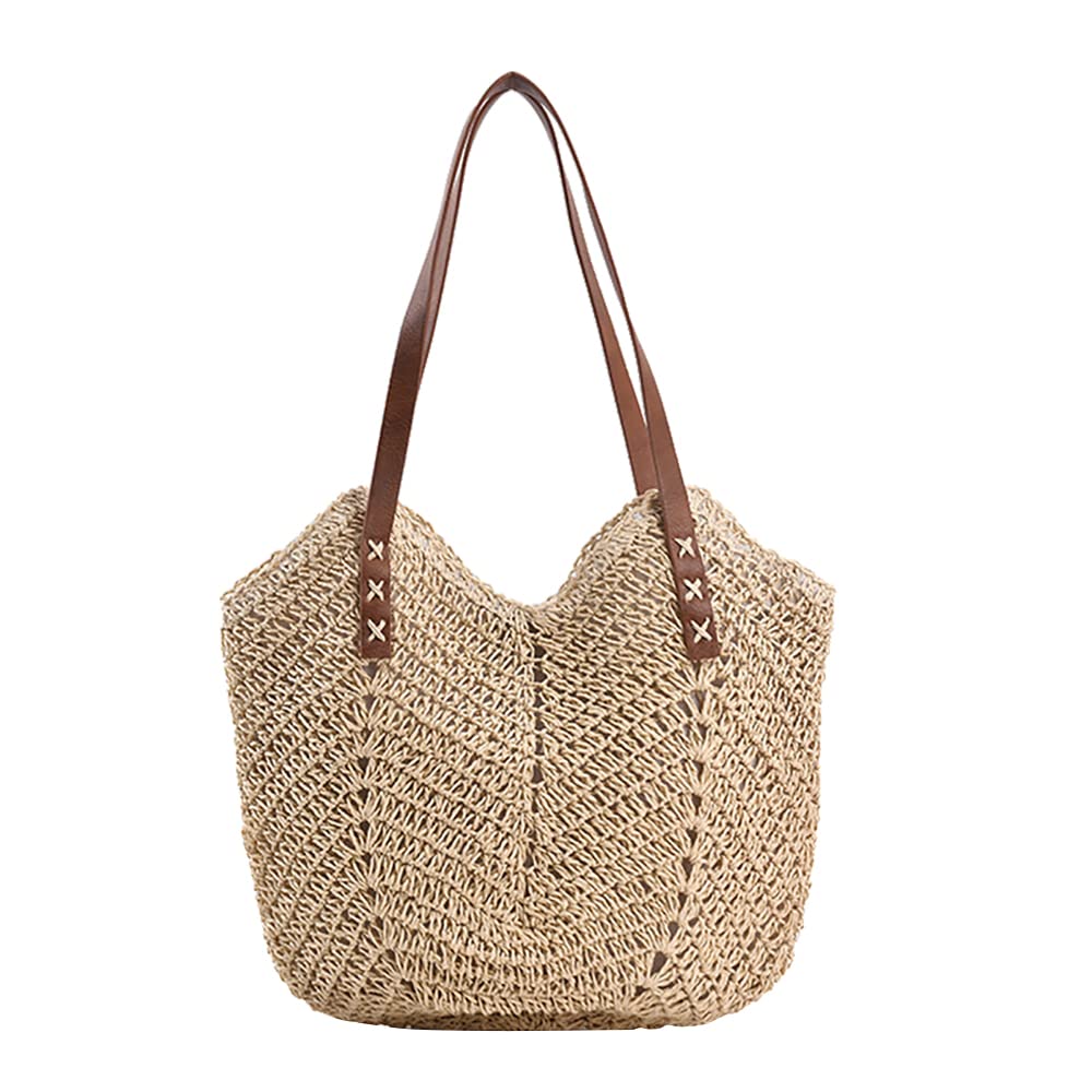 Boho Straw Tote Bag - Handwoven Rattan Shoulder Bag for Beach & Summer