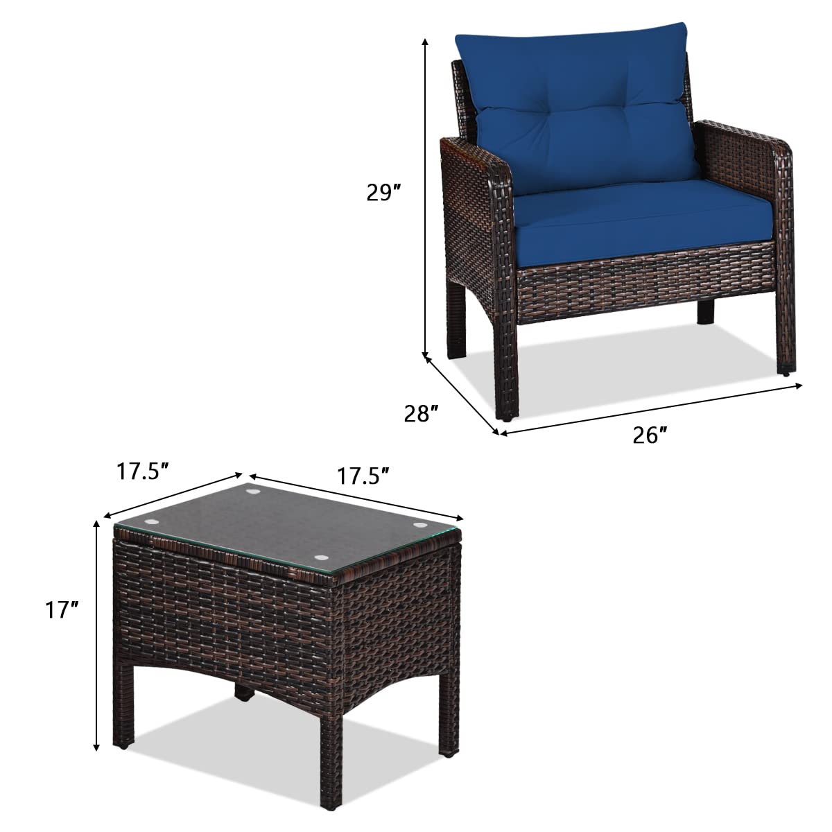 HappyGrill 3-Piece Patio Conversation Set - Outdoor Rattan Wicker Furniture with Coffee Table & Chairs, Waterproof Seat Cushions - Perfect for Garden, Balcony, Backyard, Poolside & Outdoor Entertaining