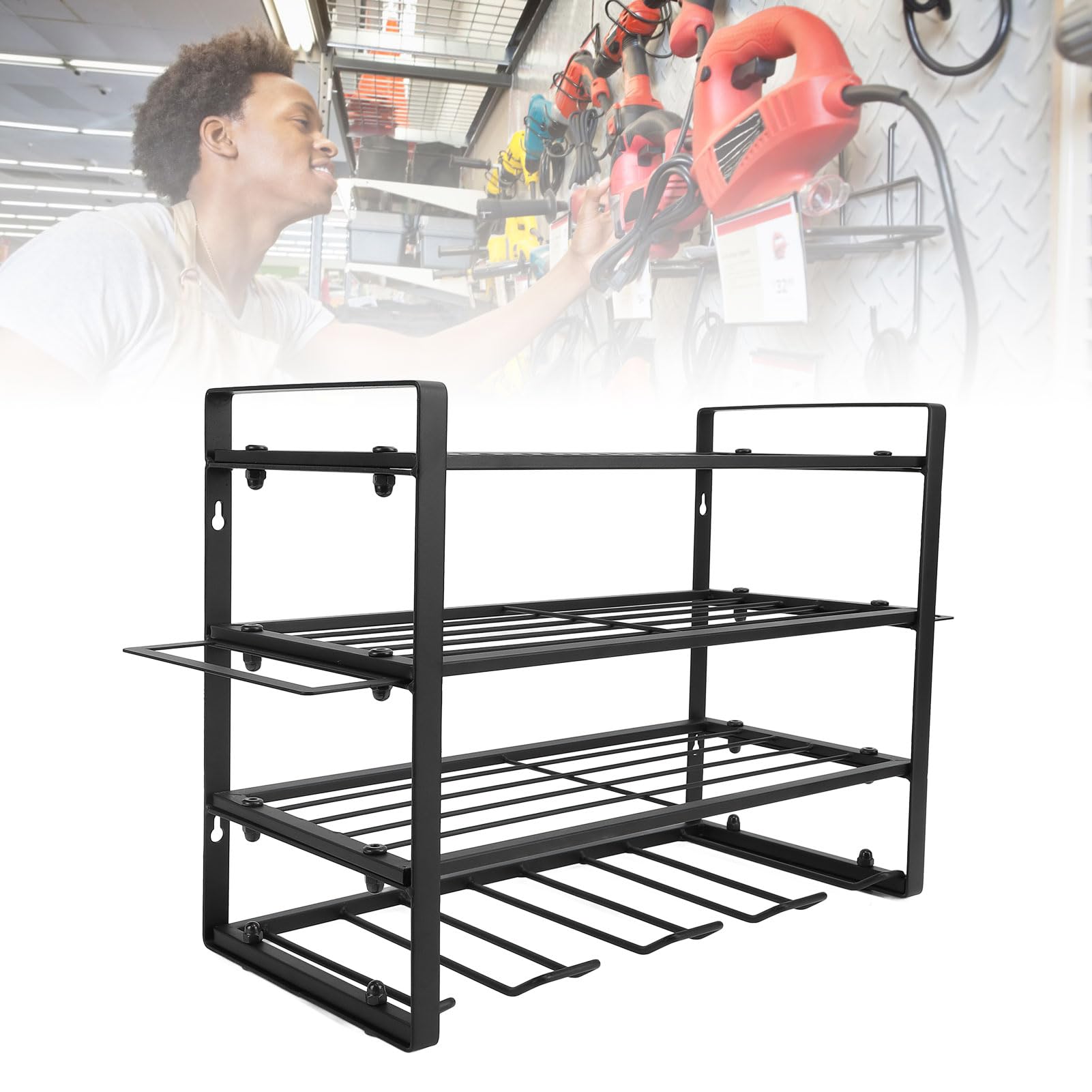 Heavy Duty Wall Mount Power Tool Organizer - 4 Layer Drill Holder & Storage Rack with Nut Screw for Cordless Drills | Garage Workshop Tool Organization Solution