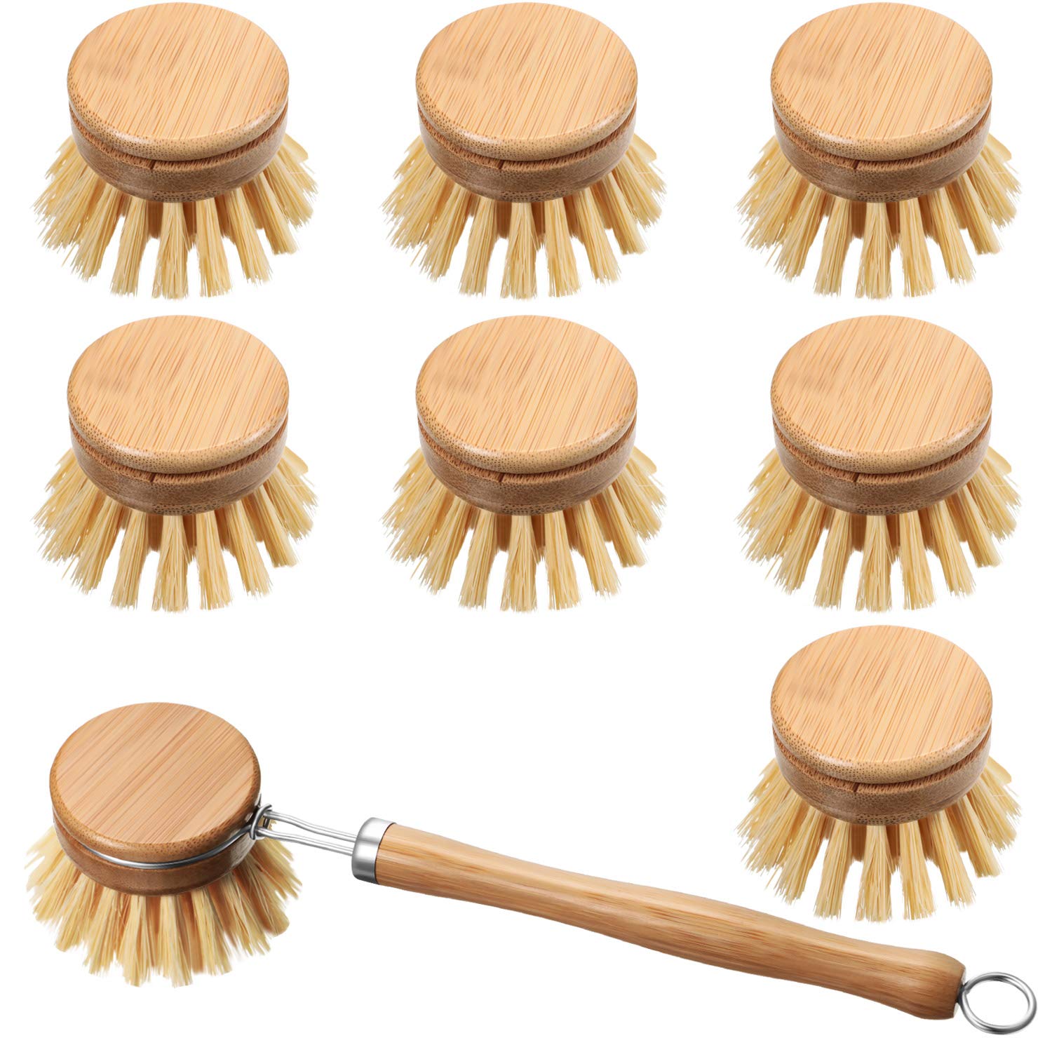 8-Piece Eco-Friendly Wooden Dish Brush Set with Bamboo Scrub & Replacement Heads - Perfect for Kitchen Cleaning, Dishwashing, and Eco-Conscious Homes