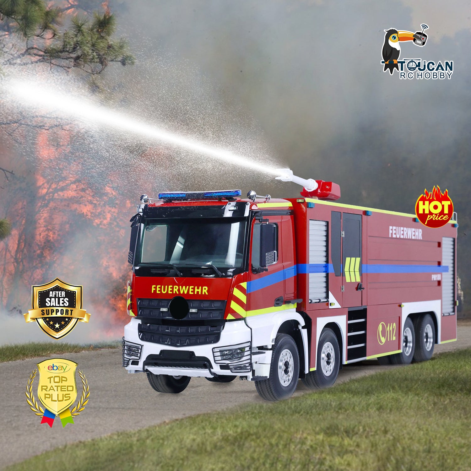 1/14 Scale 8x4 RC Fire Truck with Remote Control, Sprinkler System, Realistic Sounds & Painted Body - DIY Assembled Firefighting Toy for Kids & Adults - Perfect for Emergency Simulation & Playtime Scenarios