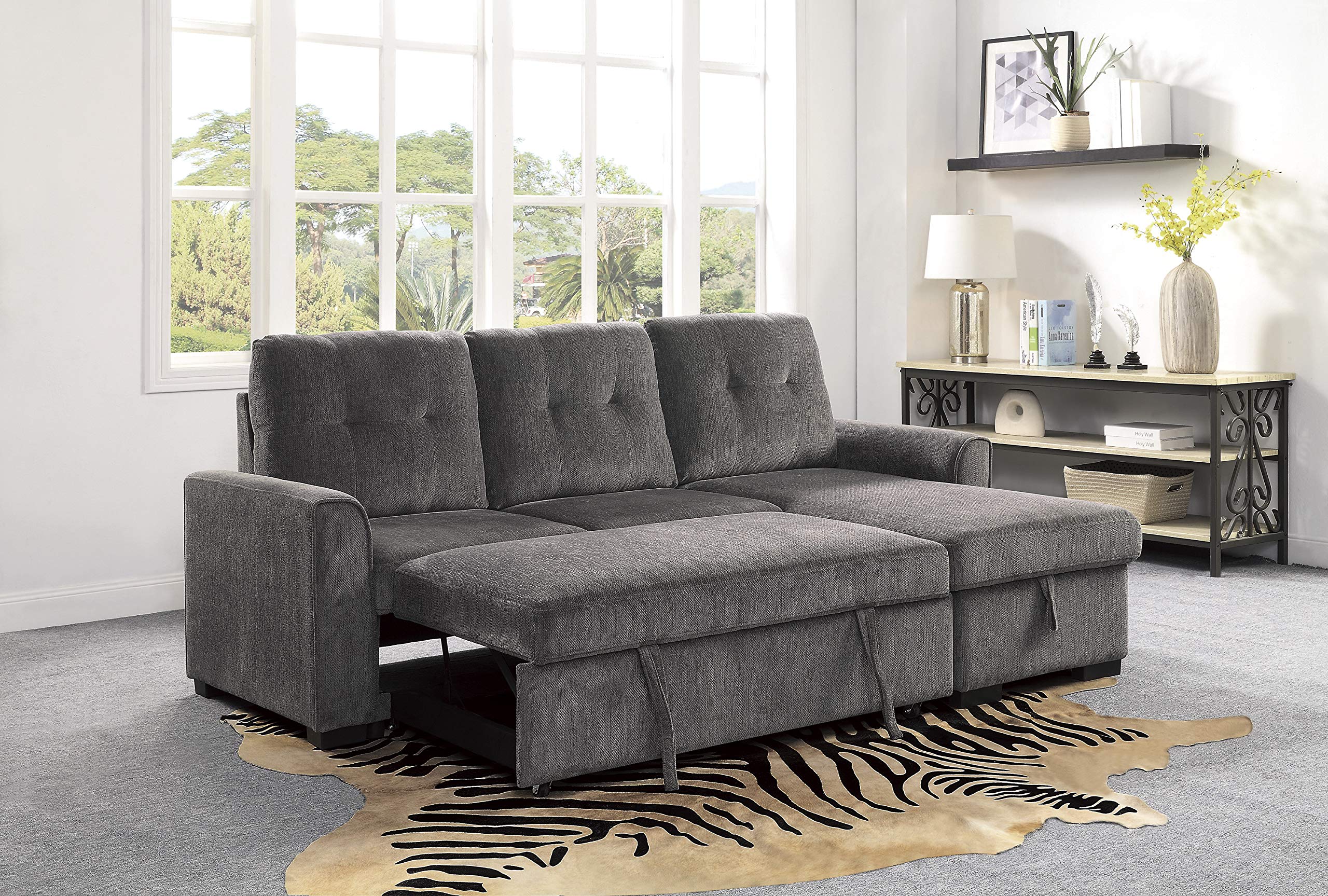 Lexicon L-Shaped Sectional Sofa Bed with Storage Chaise - Reversible Sleeper Couch for Living Room, Pull-Out Bed & Chaise Lounge - Perfect for Small Spaces, Guest Rooms & Apartment Living (Dark Gray)