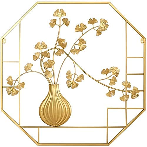 Large Metal Wall Art - Chinese Style Vase & Ginkgo Leaf Wrought Iron Wall Hanging Sculpture for Home Decor, Living Room & Bedroom | Elegant Wall Decoration for Modern Interior Design