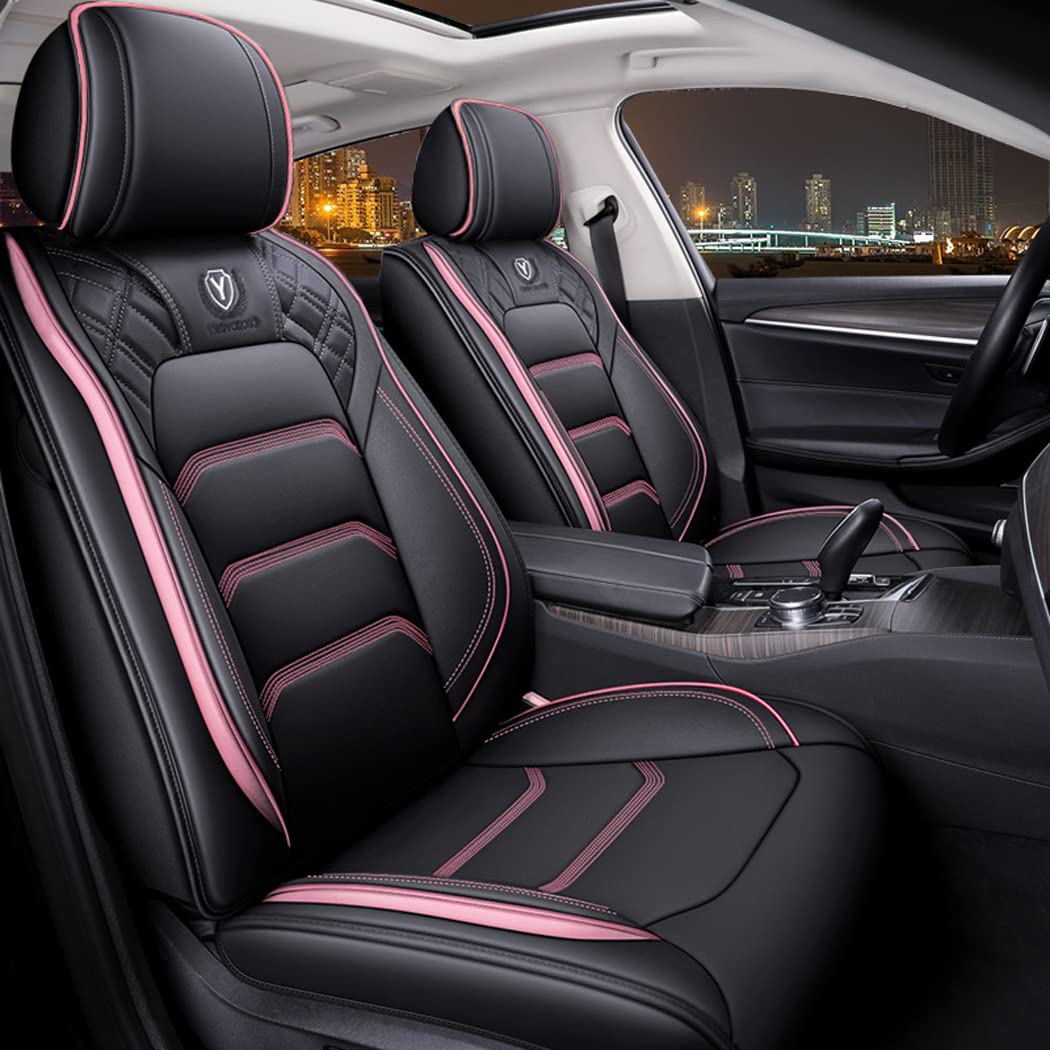 Premium Universal Leather Car Seat Covers Full Set (5 Seats) - Black & Pink - Soft Comfort & Durable Protection for SUVs, Sedans & Trucks - Perfect for Road Trips, Commuting & Family Travel