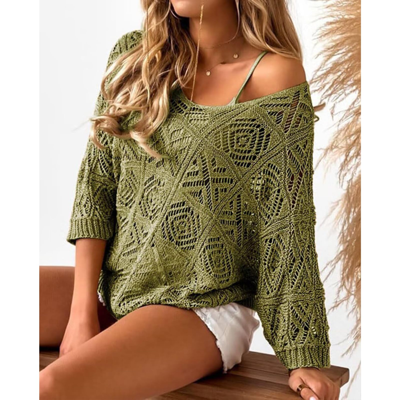 Women's Crochet 3/4 Sleeve Hollow Out Pullover Sweater - Off Shoulder Casual Knit Top for Spring Summer | Beach Cover-Up, Date Night Outfit, Boho Festival Fashion