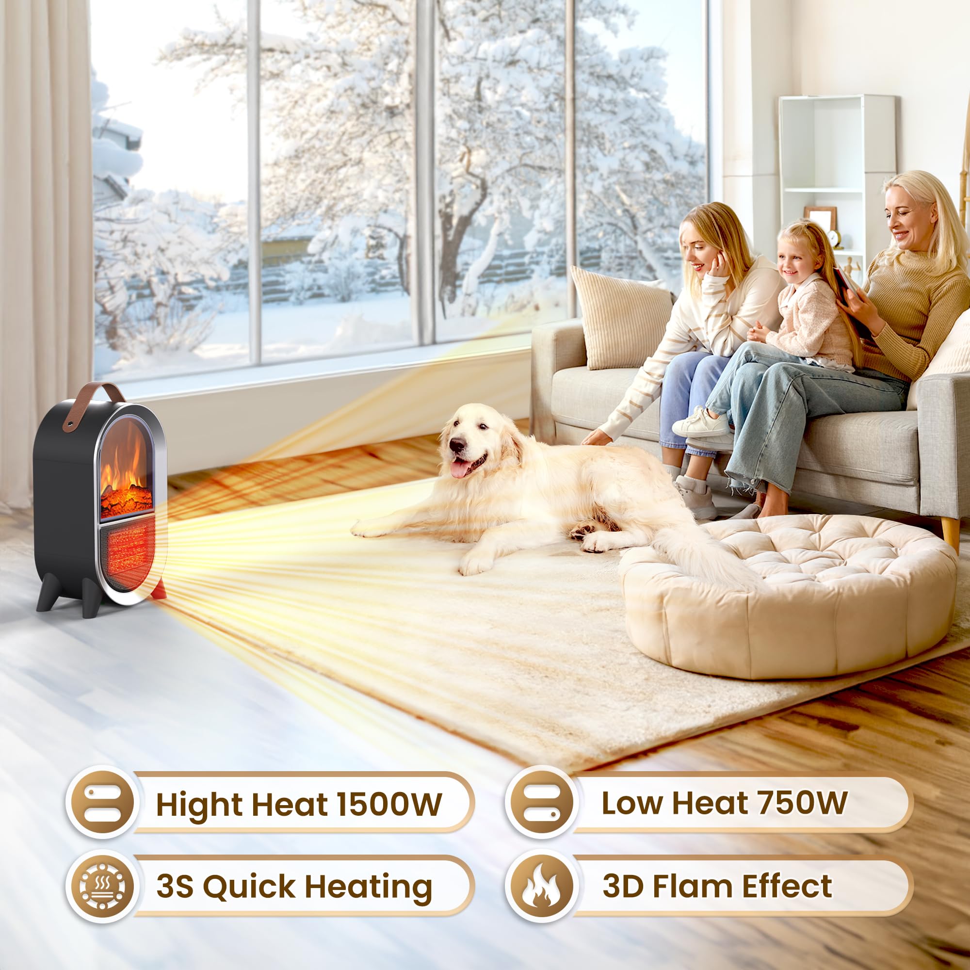 1500W/750W Portable Electric Space Heater with 3D Flame - Ceramic Indoor Heater with Thermostat, Overheat & Tip-Over Protection - Perfect for Home, Office, Bedroom, or Desk Use - Black