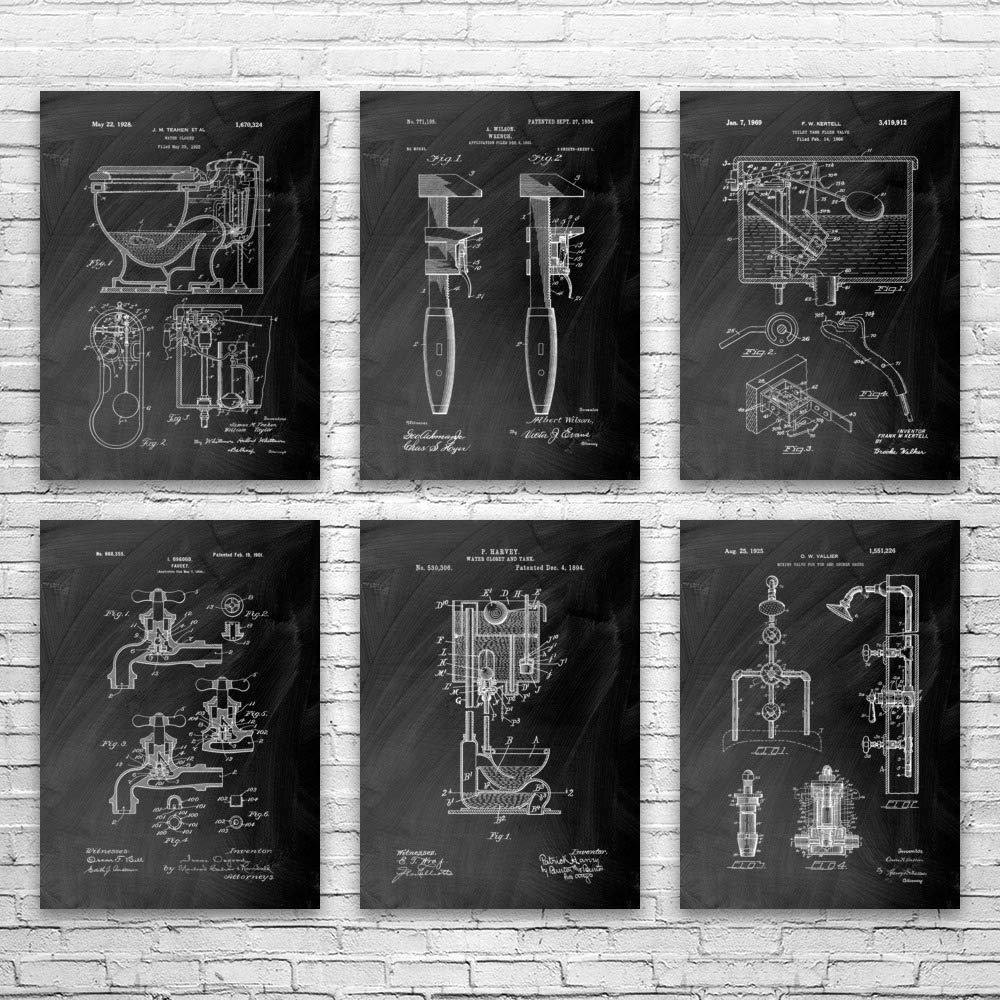 Plumbing Patent Posters Set of 6 - Vintage Toilet Blueprint & Bathroom Wall Art - Perfect Contractor Gift & Handyman Present - Black Chalkboard Style Decor (18x24 Inch) - Ideal for Restroom, Workshop, or Man Cave Decor
