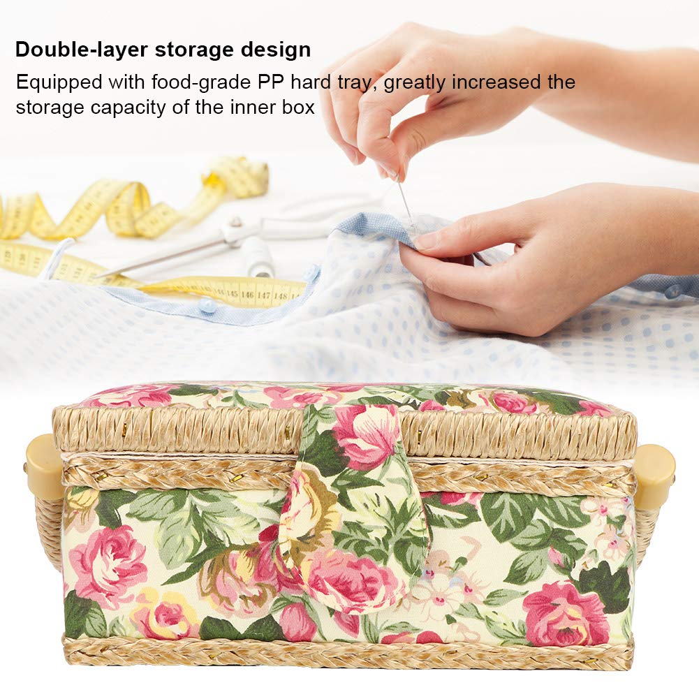 Portable Sewing Basket for Buttons, Scissors & Thread - Household Sewing Kit with Storage Organizer (Pastoral Rose Design) - Perfect for Home, Travel & Craft Projects