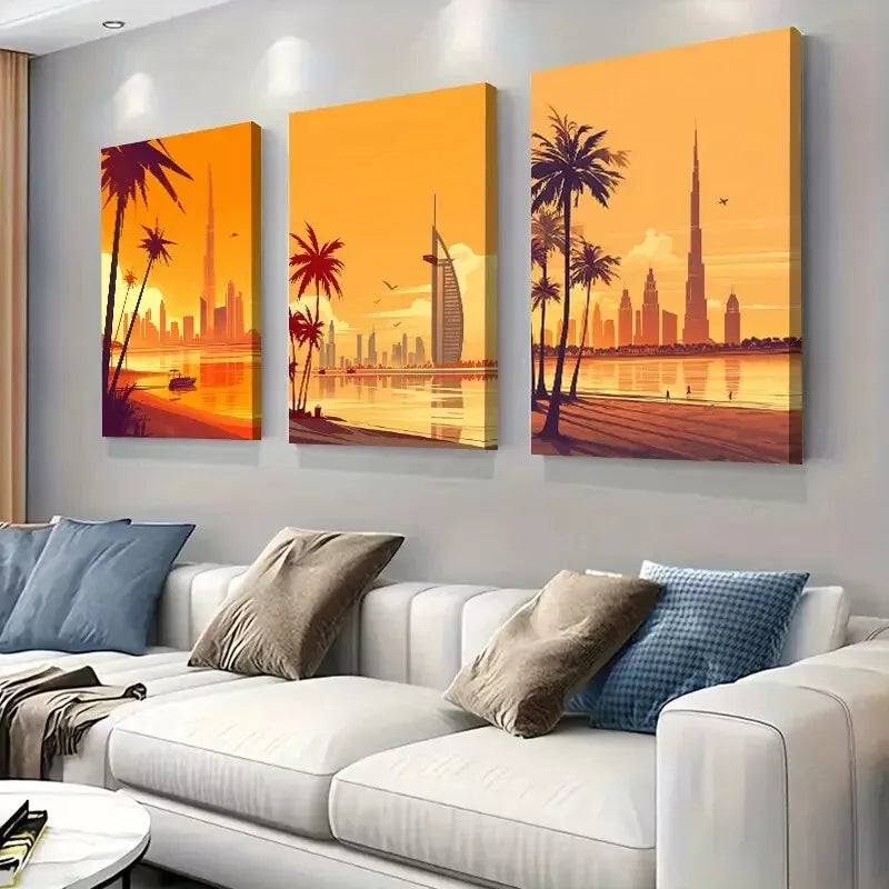 3-Piece Dubai Rusty Skyline Painting Art Set - Framed Canvas 50x70cm - High Quality Print - 100% Australian Made - Wall Art Ready to Hang - Perfect for Living Room, Bedroom & Office Decor
