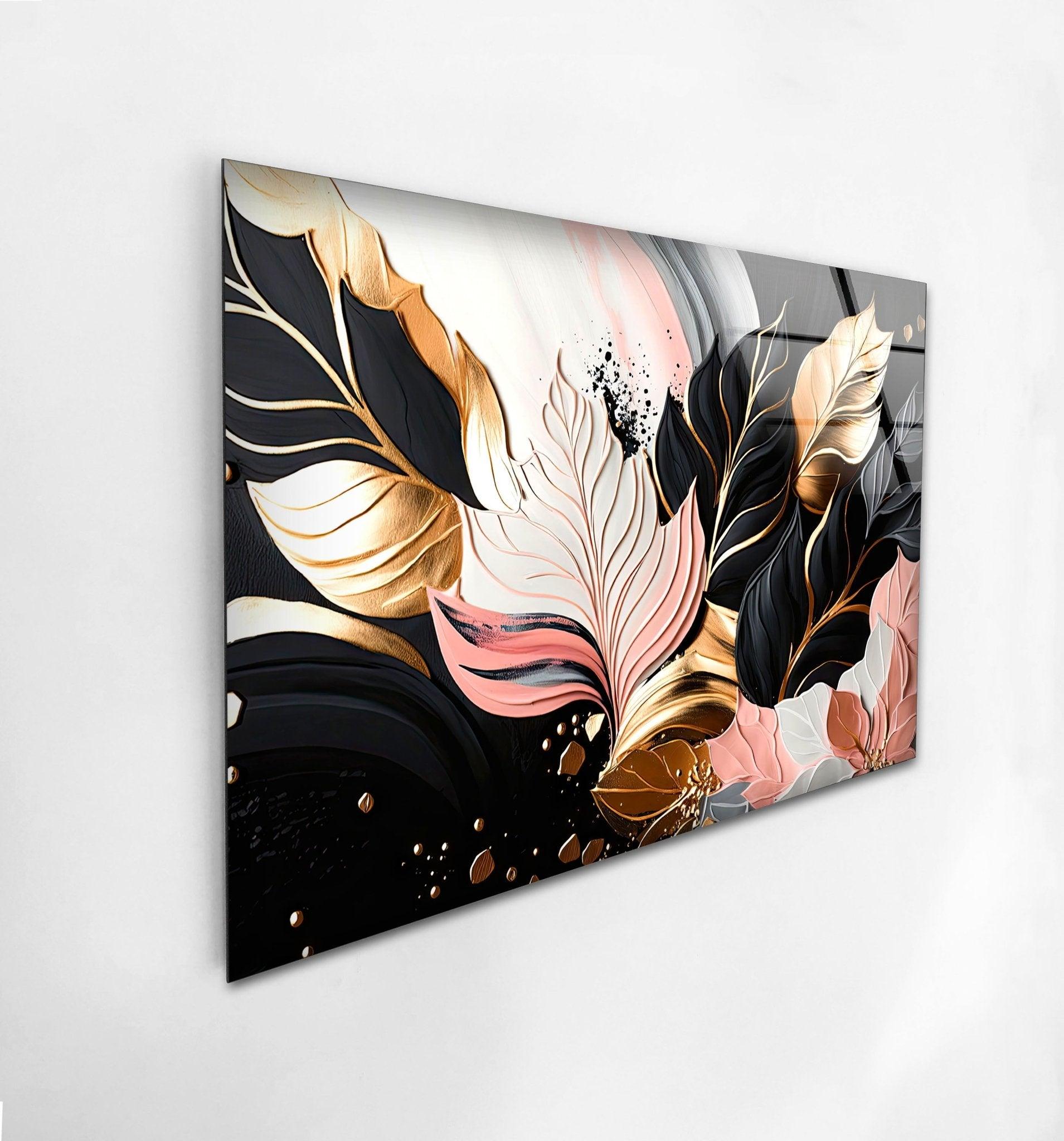 Abstract Pink Gold Leaf Glass Wall Art - Modern Home Decor for Living Room, Bedroom & Office - Elegant Handmade Artwork for Gifts & Interior Design