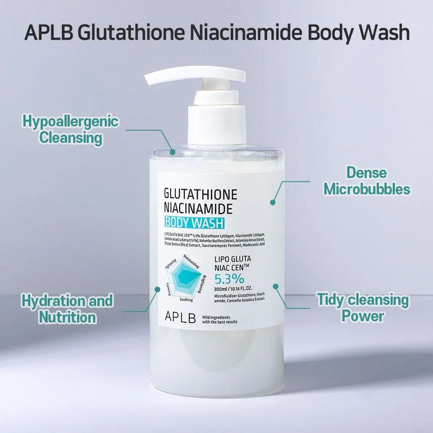 APLB Glutathione & Niacinamide Brightening Body Wash 300ml - Skin Lightening & Hydrating Shower Gel for Even Skin Tone | Perfect for Daily Use & Post-Sun Care