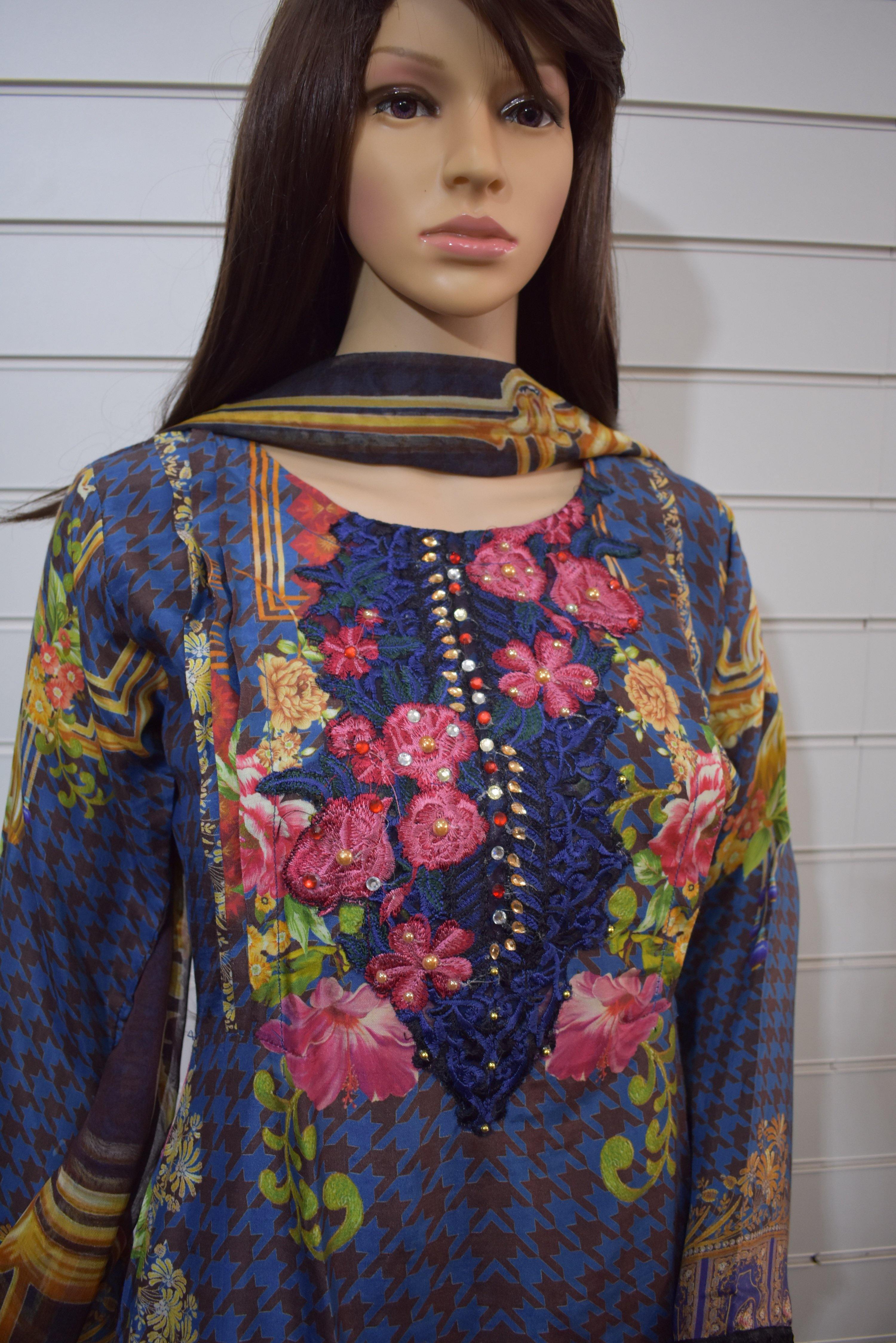 Elegant Blue Silk Digital Print Dipped Hem Outfit with Fully Embroidered Trousers | Women's Luxury Evening Wear for Parties & Special Occasions