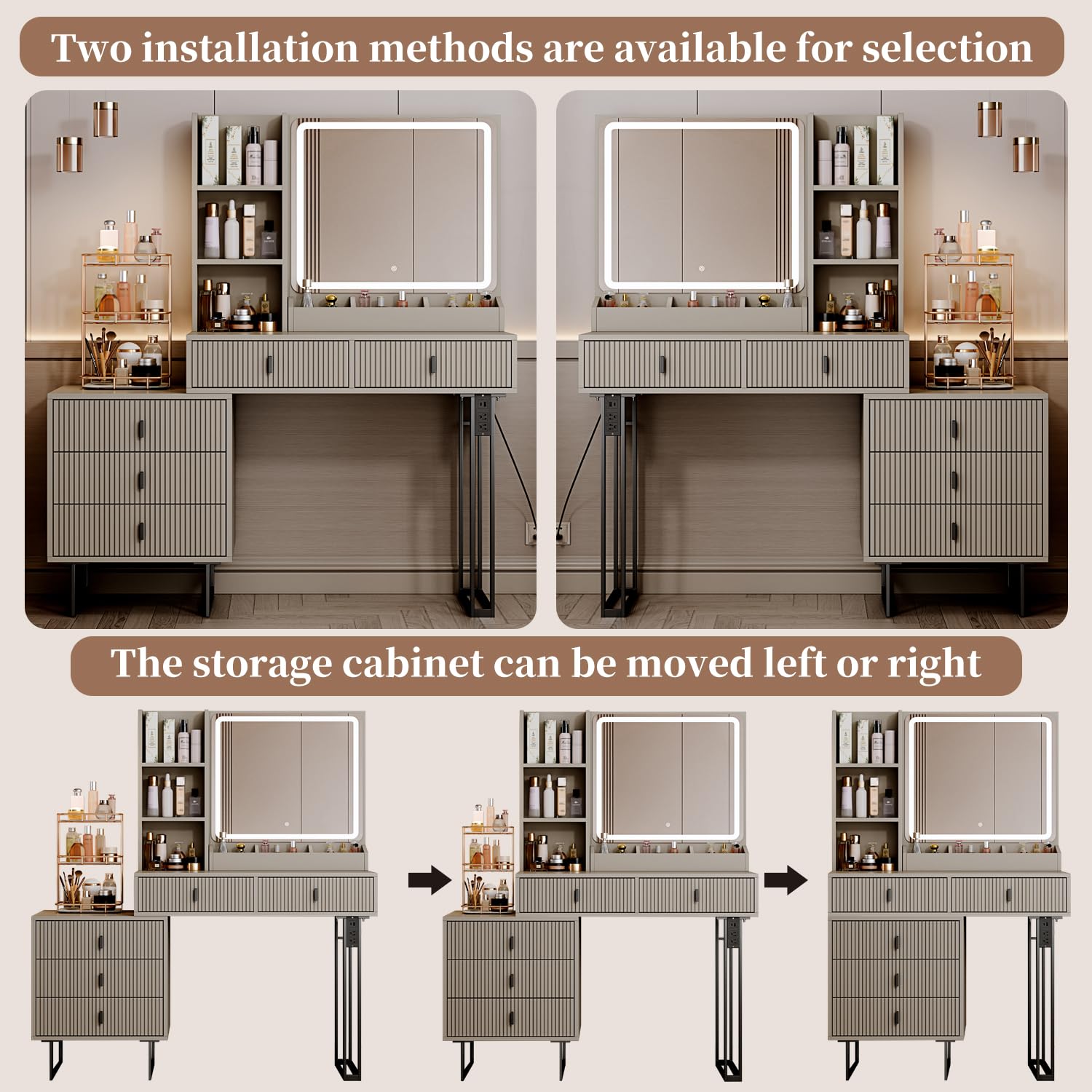 YYJ Large Vanity Desk with 3-Color Touch Screen Dimming Mirror & Charging Station - Modern Retractable Makeup Table with Storage Shelves, Grey - Perfect for Bedroom, Dressing Room & Beauty Salon