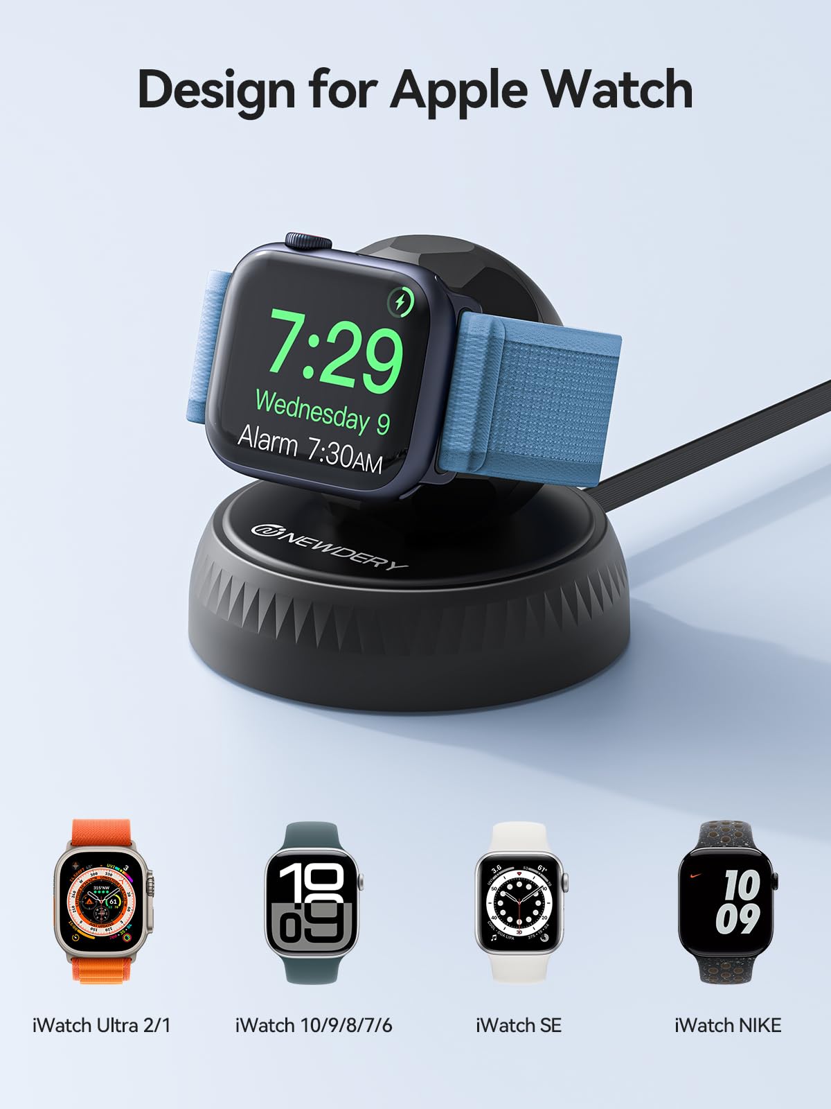 NEWDERY Retractable Apple Watch Charger Stand - Portable Fast Wireless Magnetic Charging Dock with USB-C Cable for iWatch Ultra/Series 10/SE/9/8/7/6/5/4/3/2/1 - Perfect for Travel, Office & Nightstand Charging (Black)
