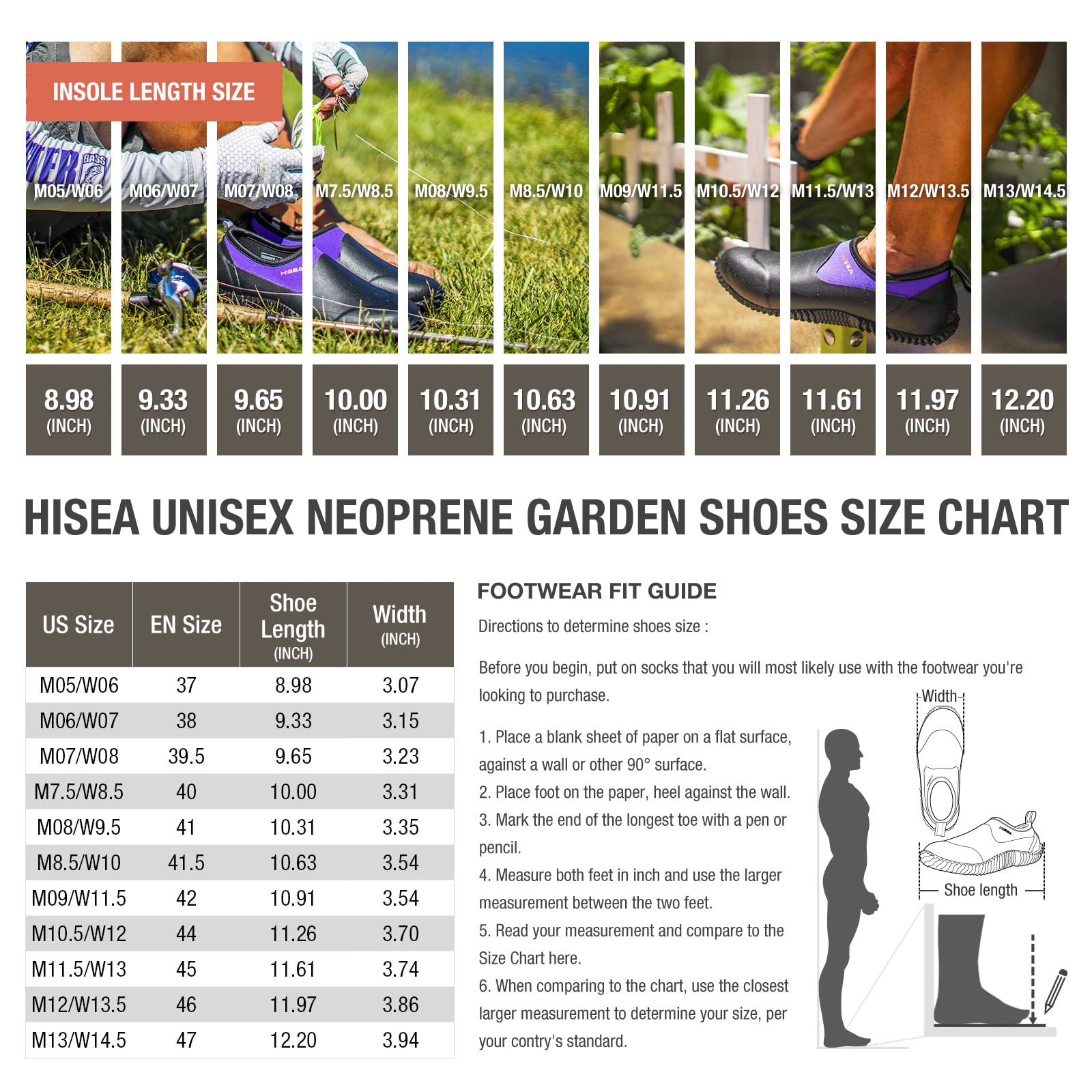 HISEA Unisex Waterproof Garden Shoes - Slip-On Rubber Neoprene Rain Boots for Men & Women - Outdoor Waterproof Footwear for Gardening, Farming, Camping, Hiking, Yard Work, Car Wash & Lawn Care - Comfortable & Durable for All-Weather Use
