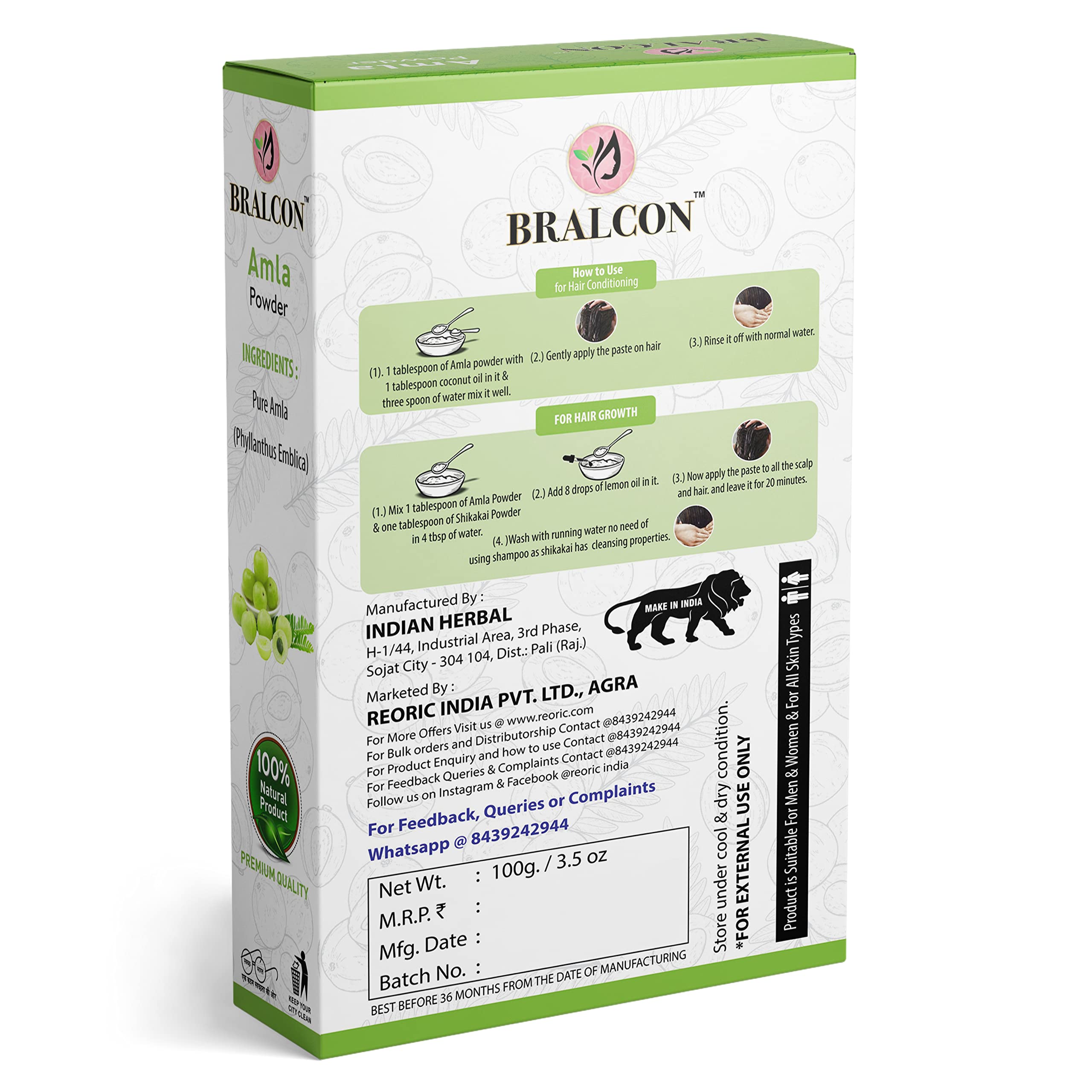 BRALCON Organic Hair & Skin Care Powder Combo - 700g (7 x 100g Pack) | Amla, Reetha, Shikakai, Bhringraj, Hibiscus, Henna & Indigo Powder | Promotes Hair Growth, Natural Face Mask | Perfect for DIY Hair Treatments & Ayurvedic Beauty Routines