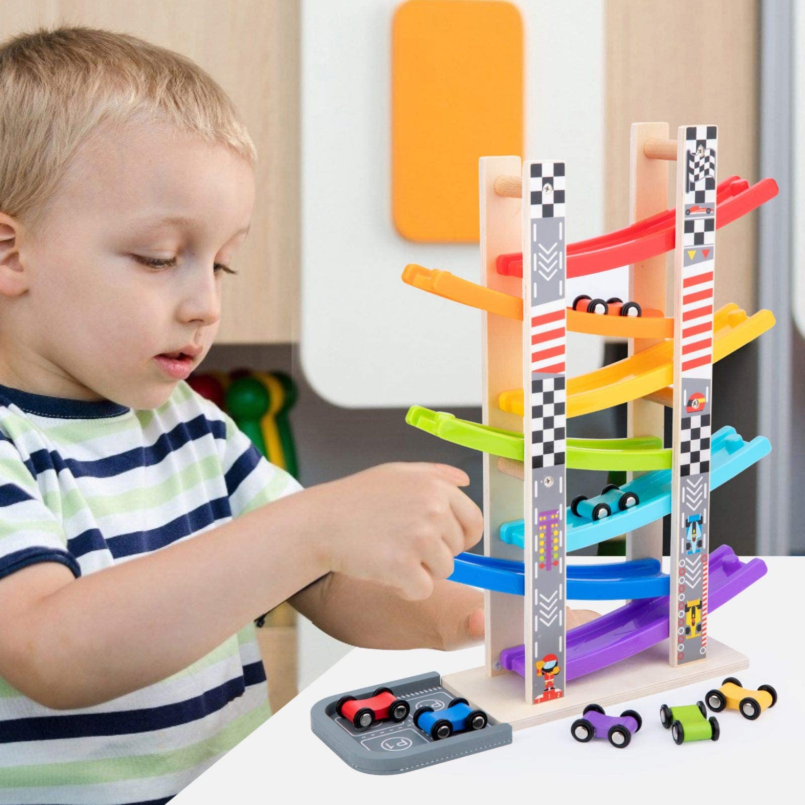 Wooden Car Ramp Racer Toy Set with 7 Mini Vehicles & Race Tracks - Montessori Learning Toys for Toddlers Ages 1-3 Years Old - Perfect Gift for Boys and Girls - Fun Indoor Play & Early Childhood Development Activity