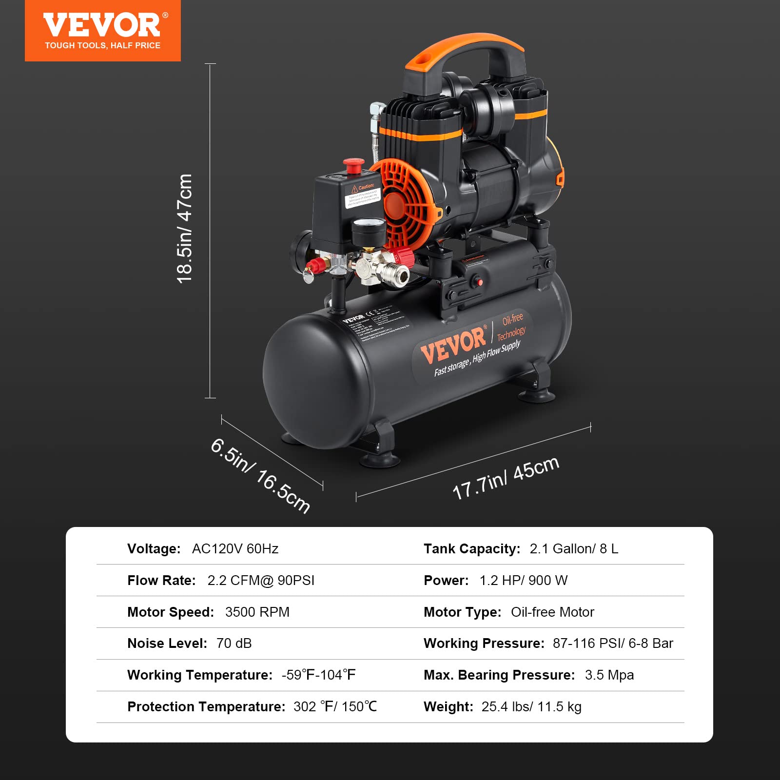 VEVOR 2.1 Gallon Oil-Free Air Compressor, 1.2HP 2.2 CFM@90PSI Portable Air Compressor with 116PSI Max Pressure - Ultra Quiet 70dB for Auto Repair, Tire Inflation, Spray Painting, Nailing - Perfect for Home Garage, DIY Projects & Professional Workshops