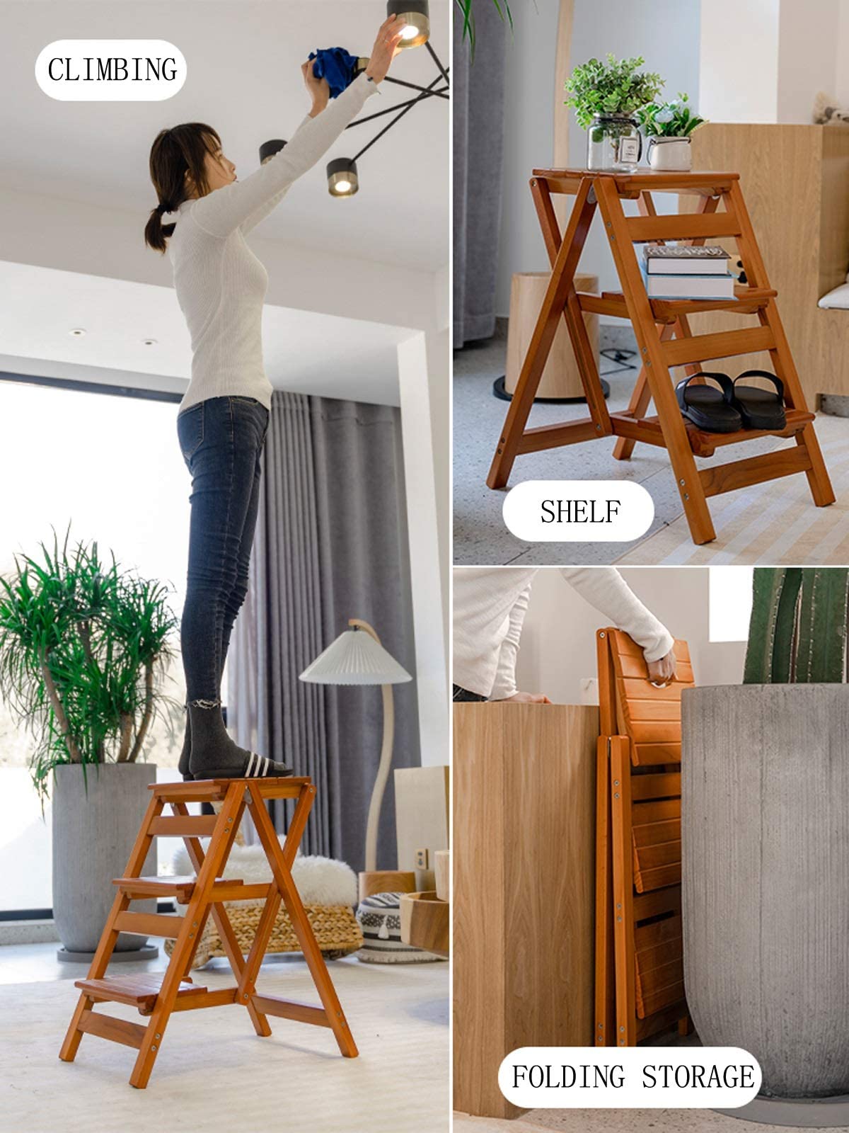 XHALERY 3-Step Folding Wooden Ladder Stool for Kitchen, Office & Home - Portable Multifunctional Step Stool with Non-Slip Cover - Perfect for Reaching High Shelves, Changing Light Bulbs & Home Organization
