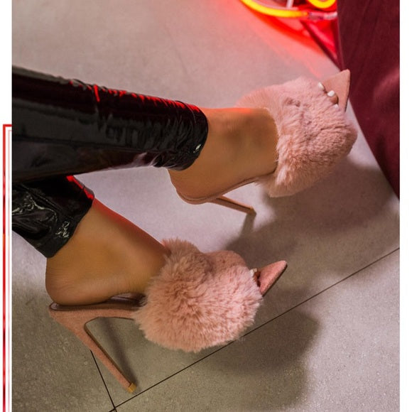 Penelope Women's Fur Stiletto Mules - Soft Faux Fur Slide-On Heels for Comfortable Indoor/Outdoor Wear - Perfect for Parties, Date Nights & Office Fashion