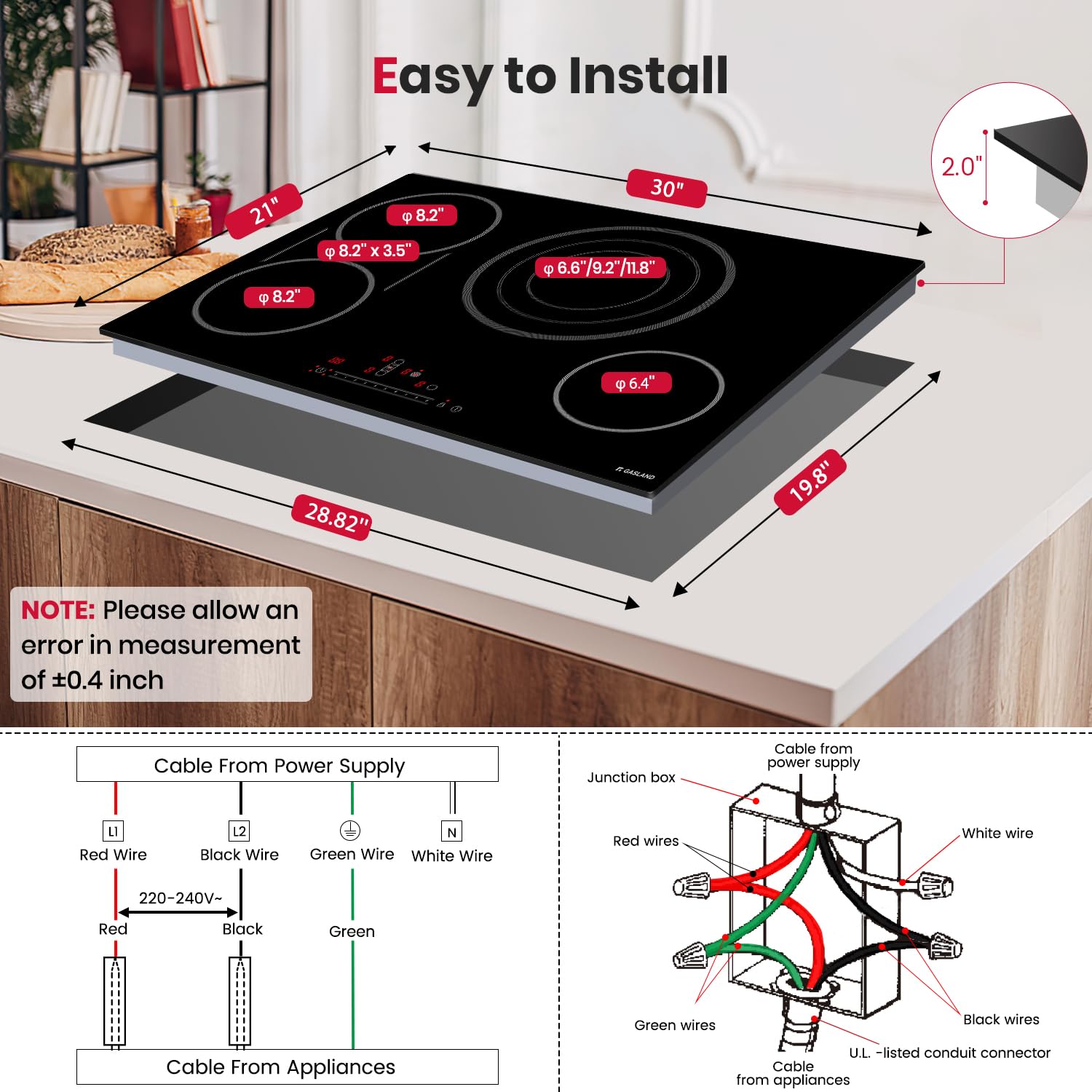 GASLAND 30 Inch Built-in Electric Cooktop with 4 Burners - ETL & FCC Certified, Radiant Ceramic Surface, Sync & Triple Burners, Slide Touch Control, Child Lock, Hot Surface Indicator, 240V - Perfect for Modern Kitchens, Home Cooking & Professional Chefs