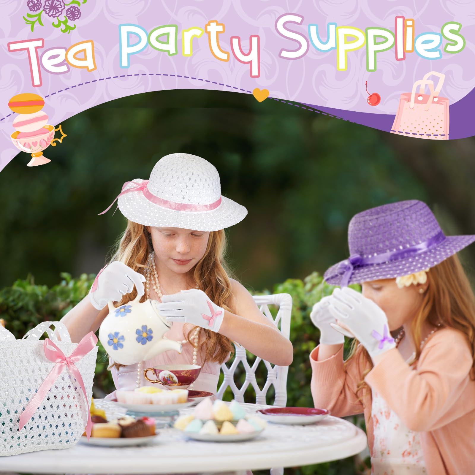 6-Piece Girls Easter Tea Party Hat Set with Bonnet, Gloves & Purse - Cute Dress-Up Accessories for Easter Celebrations, Tea Parties & Spring Events