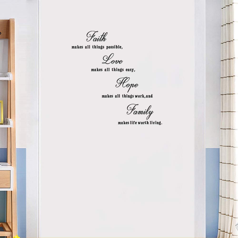 Faith Love Hope Family Quotes Wall Decals - Removable DIY Inspirational Saying Stickers for Home Decor - Easy Peel & Stick Wall Art for Bedroom, Living Room, Nursery - Black Vinyl Lettering (11x22.4 Inch) - Perfect for Creating Motivational Spaces & Gift Giving