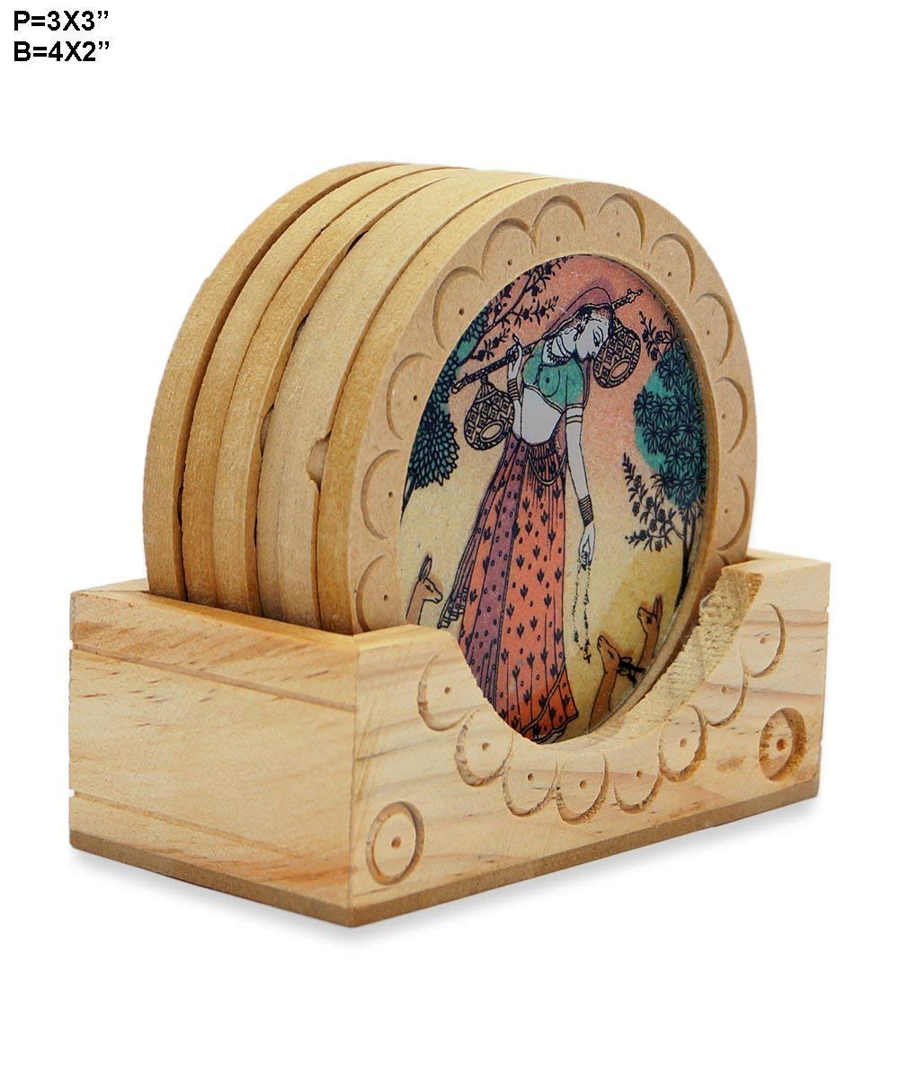 SAUDEEP INDIA Mona Lisa Printed Square Wooden Coaster Set with Holder - Heat Resistant for Hot & Cold Drinks, Coffee Cups, Beer Mugs, Tumblers & Cans - Perfect for Dining Table, Home, Office & Bar Decor