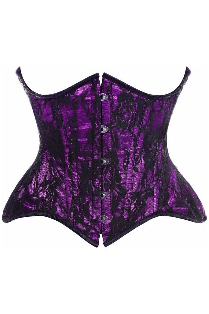 Elegant Daisy Corset for Women - Purple with Black Lace, Double Steel Boned, Curvy Cut Waist Cincher | Perfect for Burlesque, Cosplay, and Vintage Fashion Outfits