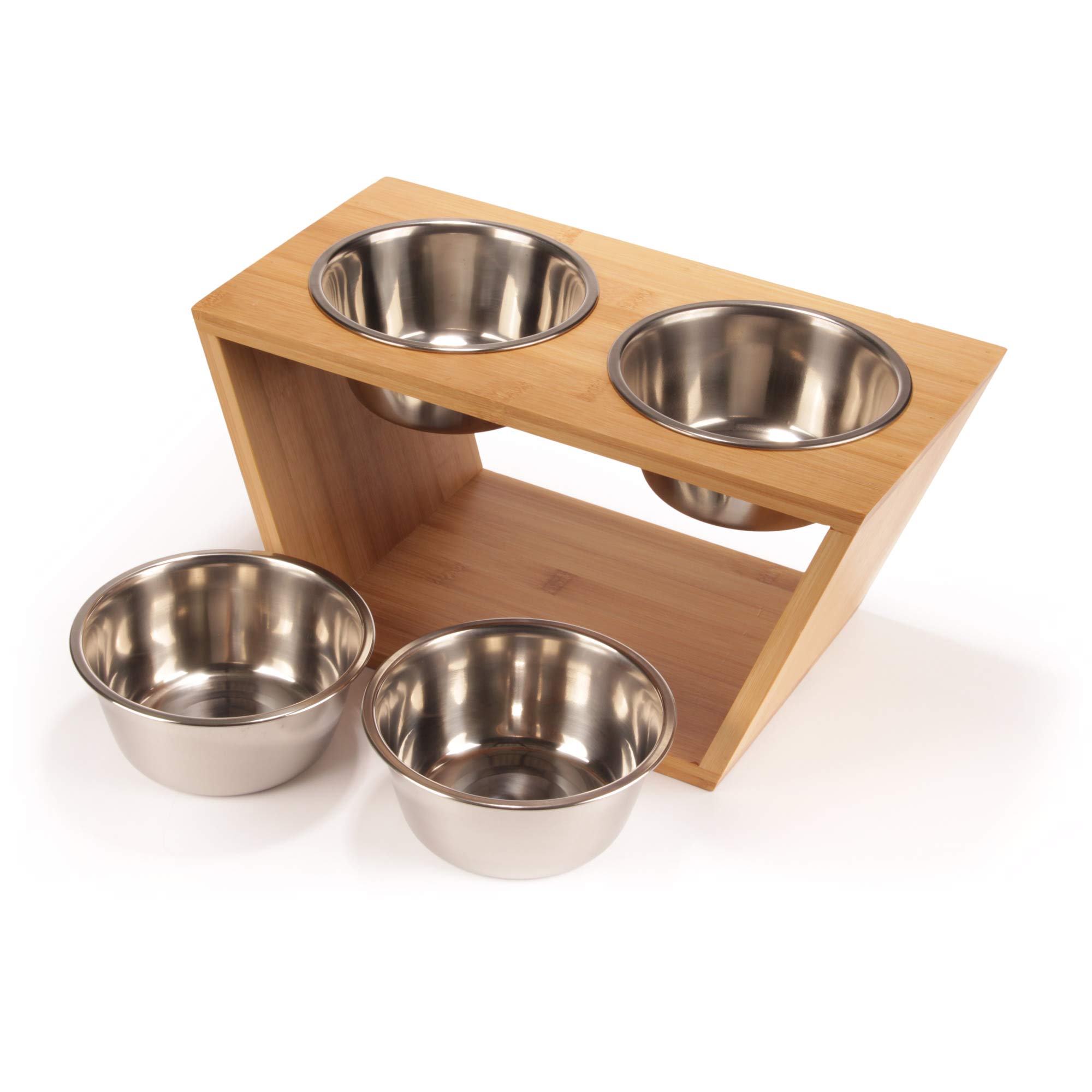 BambooMN Elevated Dog Bowl Feeder Stand - 100% Natural Bamboo with 4 Stainless Steel Bowls for Food & Water - Medium Size for Medium Dogs - Perfect for Indoor & Outdoor Feeding