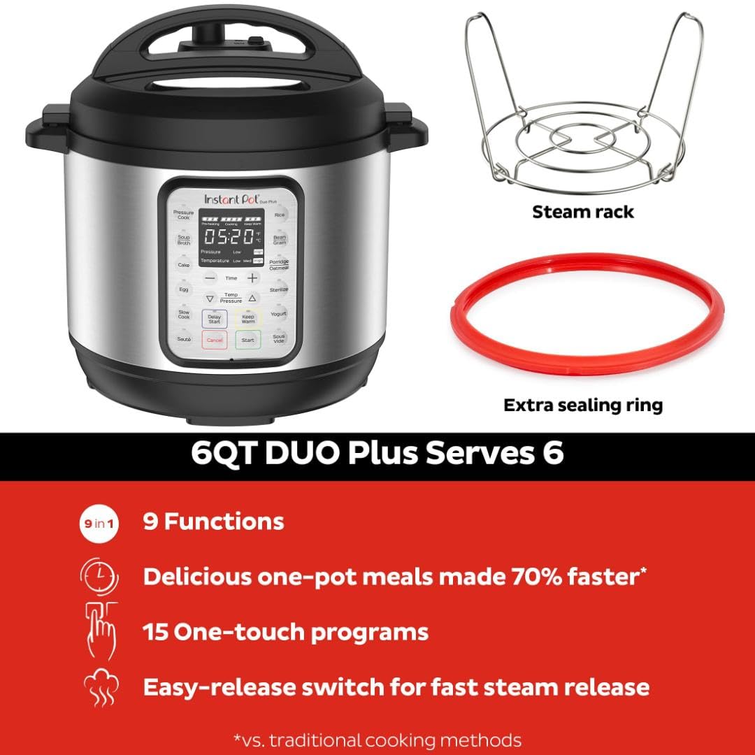 Instant Pot Duo Plus 9-in-1 Electric Pressure Cooker | 6 Quart Stainless Steel Multi-Cooker with Slow Cooker, Rice Cooker, Steamer & Yogurt Maker | Includes Free App with 800+ Recipes | Perfect for Meal Prep, Family Dinners & Healthy Cooking