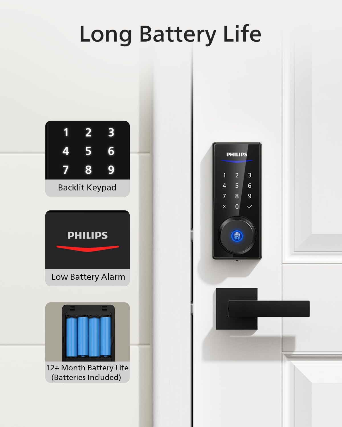 Philips Smart Fingerprint Door Lock Set - Keyless Entry with 2 Lever Handles, Auto Locking, Touchscreen Keypad & Backup Key - Secure Electronic Front Door Lock for Homes & Apartments - Perfect for Modern Smart Home Security & Convenient Keyless Access