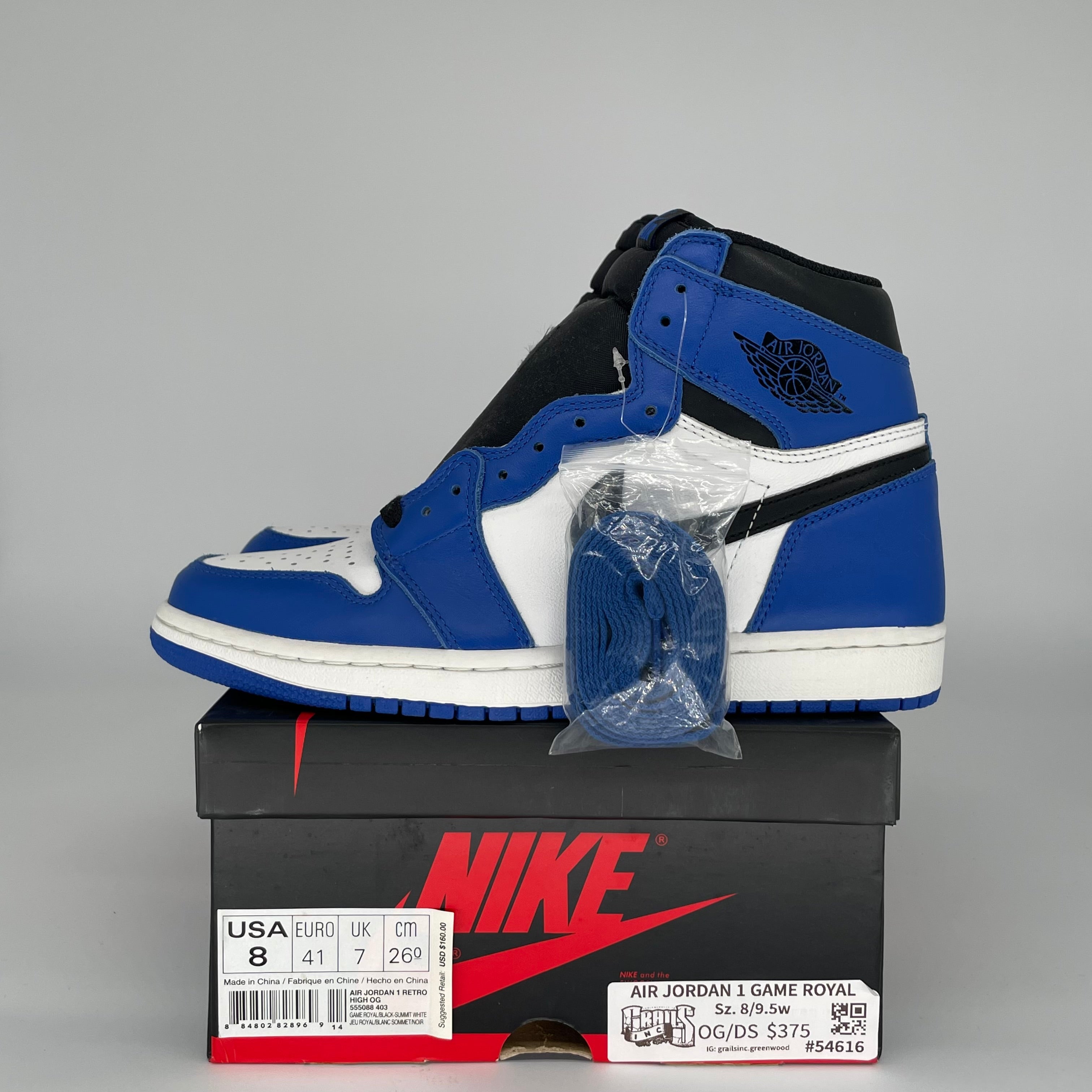 Original Air Jordan 1 Retro High OG 'Game Royal' Men's Basketball Shoes - Size 8 (555088-403) - Perfect for Streetwear & Sneaker Collectors