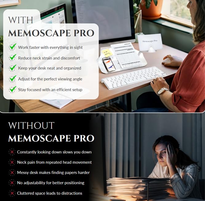 MemoScape PRO Adjustable Document Holder for Desk - Ergonomic Copy Stand to Reduce Neck Strain & Improve Typing Efficiency - White Office & Home Organization Accessory - Perfect for Computer Workstations, Reading Documents, and Online Learning
