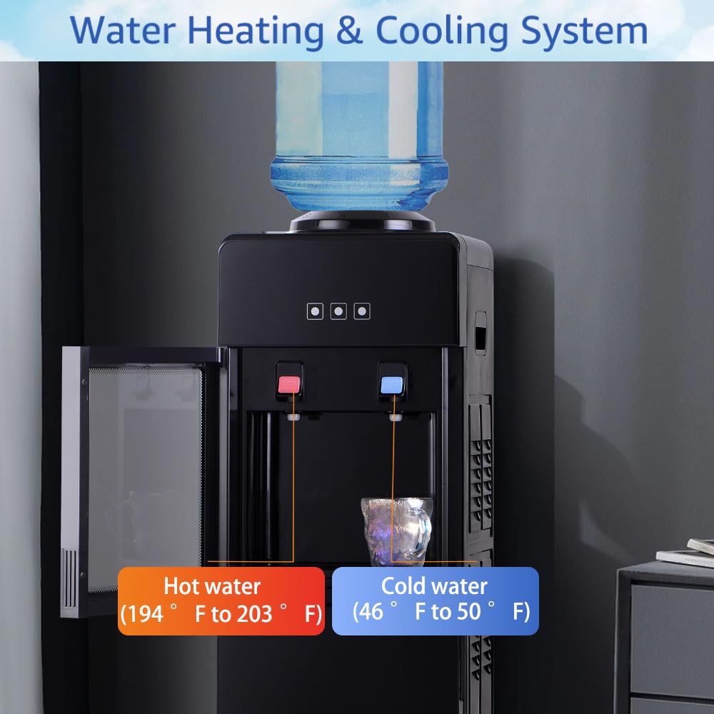 Top Loading Hot & Cold Water Cooler Dispenser for 3/5 Gallon Bottles with Storage Cabinet & Child Safety Lock - Home & Office Water Dispenser for Kitchen, Break Room, Dorm (Black)