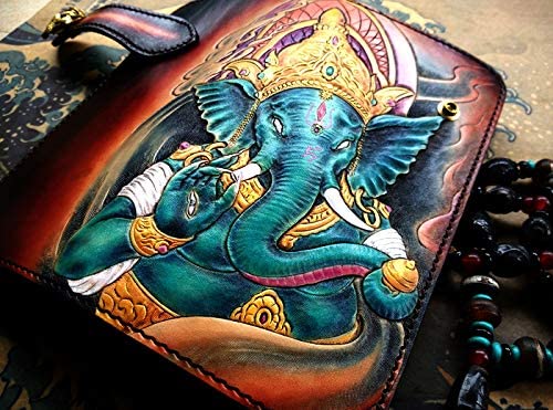 Handmade 3D Genuine Leather Wallet for Men - Custom Biker Wallet with Celtic Elephant Design, Hand-Carved & Hand-Painted - Perfect for Motorcycle Riders, Gift Giving & Everyday Use