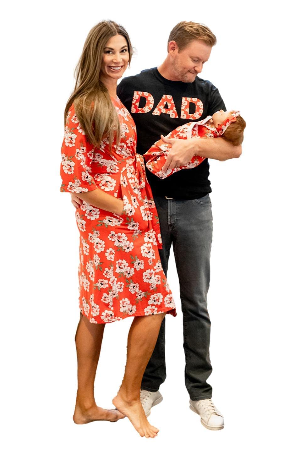 Baby Be Mine Maternity Nursing Robe & Swaddle Blanket Set with Daddy T-Shirt - Soft Delivery Gown for New Moms & Baby Girl (Small/Medium, Sadie Print) - Perfect for Hospital Birth, Newborn Photos & Family Bonding