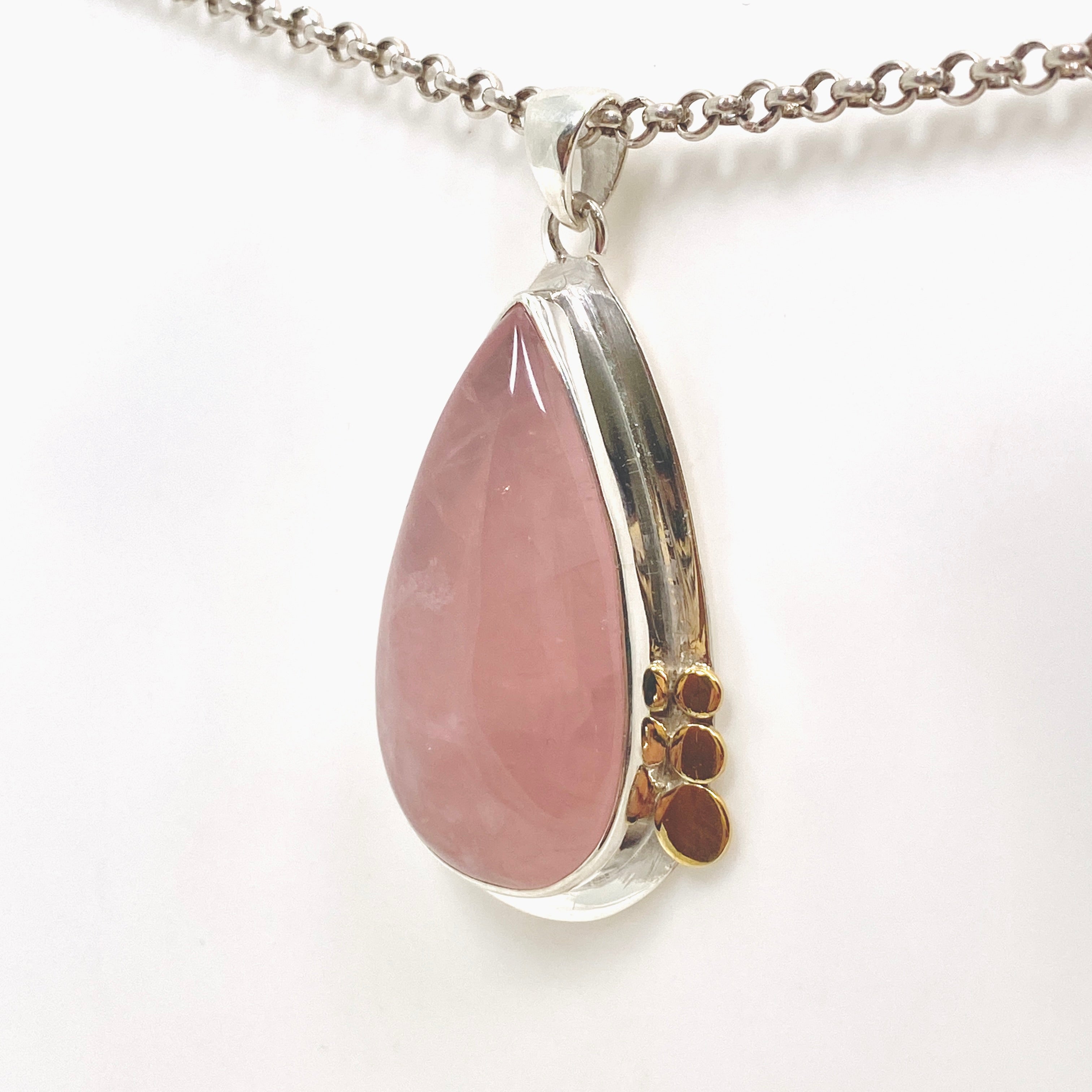 Rose Quartz Teardrop Cabochon Pendant Necklace with Decorative Sterling Silver Setting KPGJ4687 - Perfect for Meditation, Healing & Spiritual Jewelry Gifts