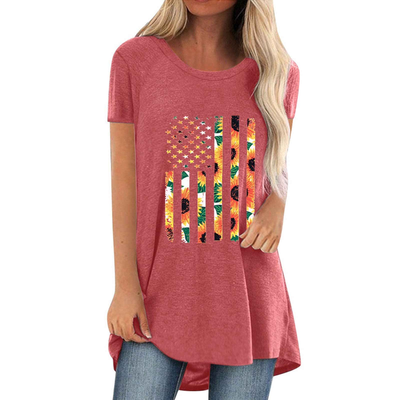 Women's Casual Independence 375 Short Sleeve Loose Tee - Comfortable Cotton Blouse with Day Printing Design in Pink & White | Perfect for Everyday Wear, Summer Outfits, and Beach Cover-Ups