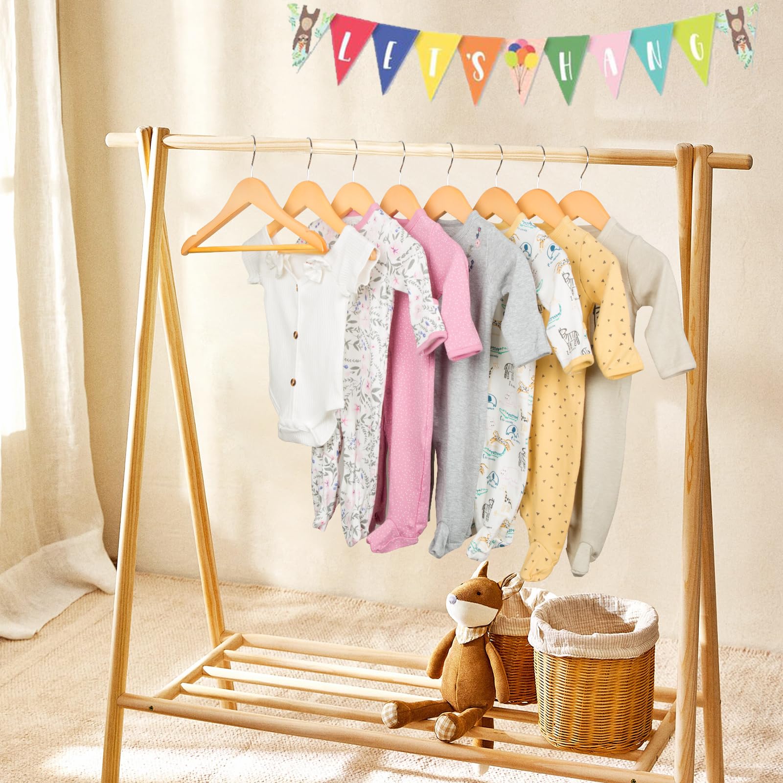 ELONG HOME 20 Pack Natural Wooden Baby Hangers with 360° Swivel Hook - Premium Kids Closet Organizers for Shirts, Dresses & Jackets - Space Saving Nursery & Children's Wardrobe Storage Solution
