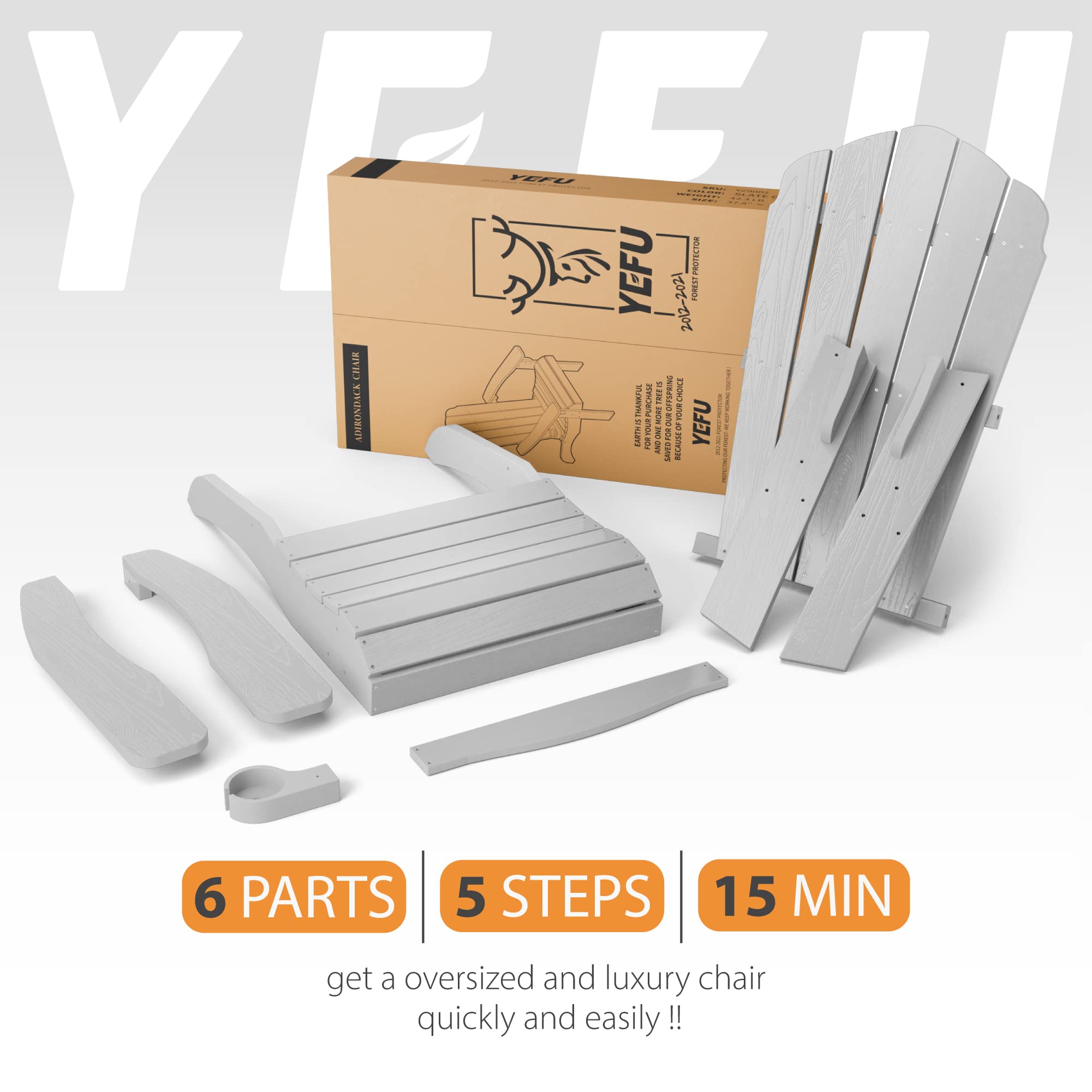 YEFU Oversized Plastic Adirondack Chair with Cup Holder - Heavy Duty Weather-Resistant Poly Lumber Outdoor Furniture for Patio, Lawn, Deck, Garden - Grey | Perfect for Relaxing, Sunbathing & Outdoor Entertaining