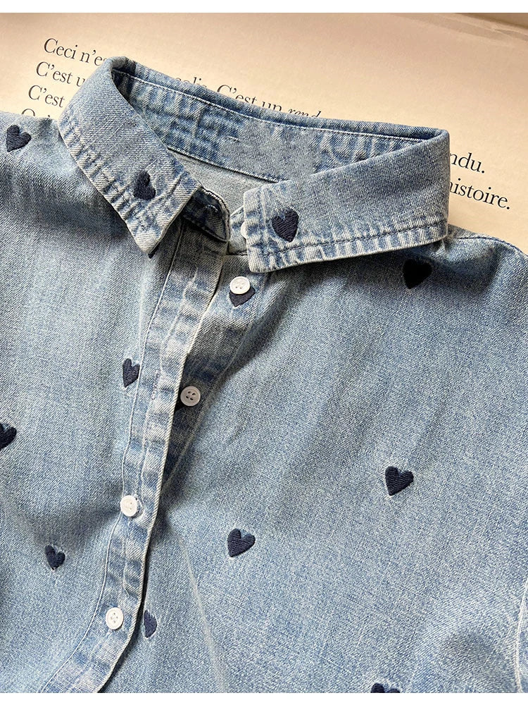 Women's Heart Embroidery Denim Shirt - Turn Down Collar Long Sleeve Blouse for Valentine's Day Gifts | Casual Wear, Date Night Outfit, Romantic Occasion Fashion