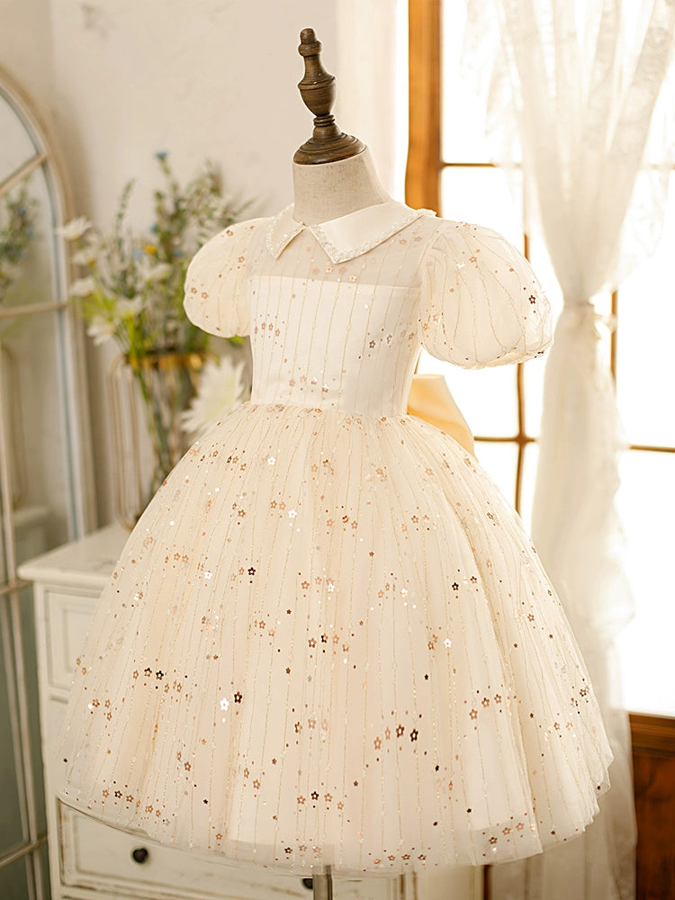 White Princess Collar Tea-Length Tulle Flower Girl Dress for Weddings & Special Occasions