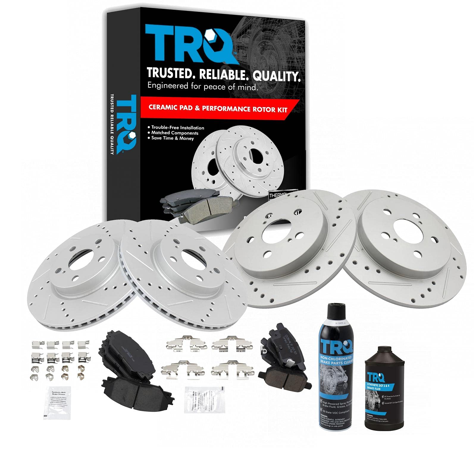 High-Performance TRQ Front & Rear Brake Rotor & Ceramic Pad Kit with Brake Fluid - Compatible with Toyota Corolla | Smooth Stopping Power for City Driving & Highway Commuting