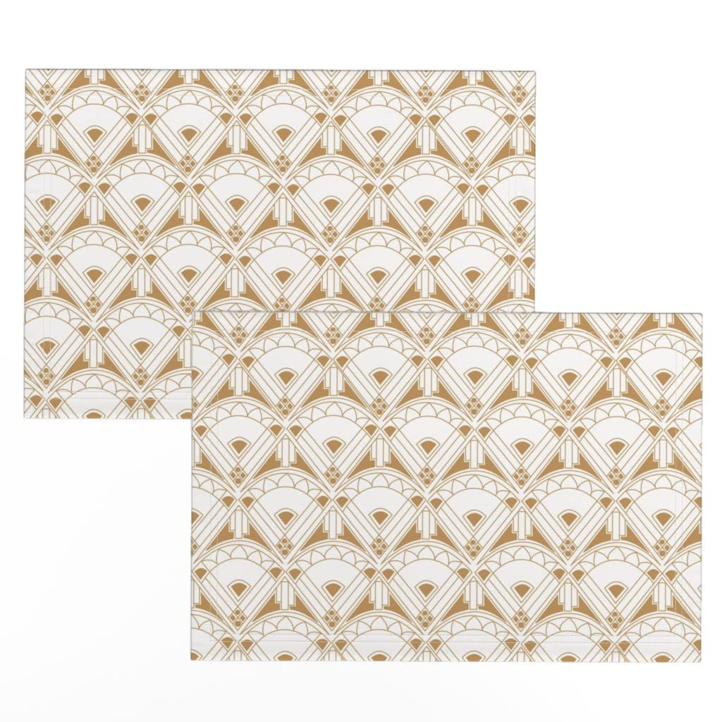 Art Deco Vintage Diamond Geometric Print Linen Cotton Canvas Placemats (Set of 2) - White & Tan Triangle Design for Dining Table Decor, Kitchen Table Setting, and Party Entertaining