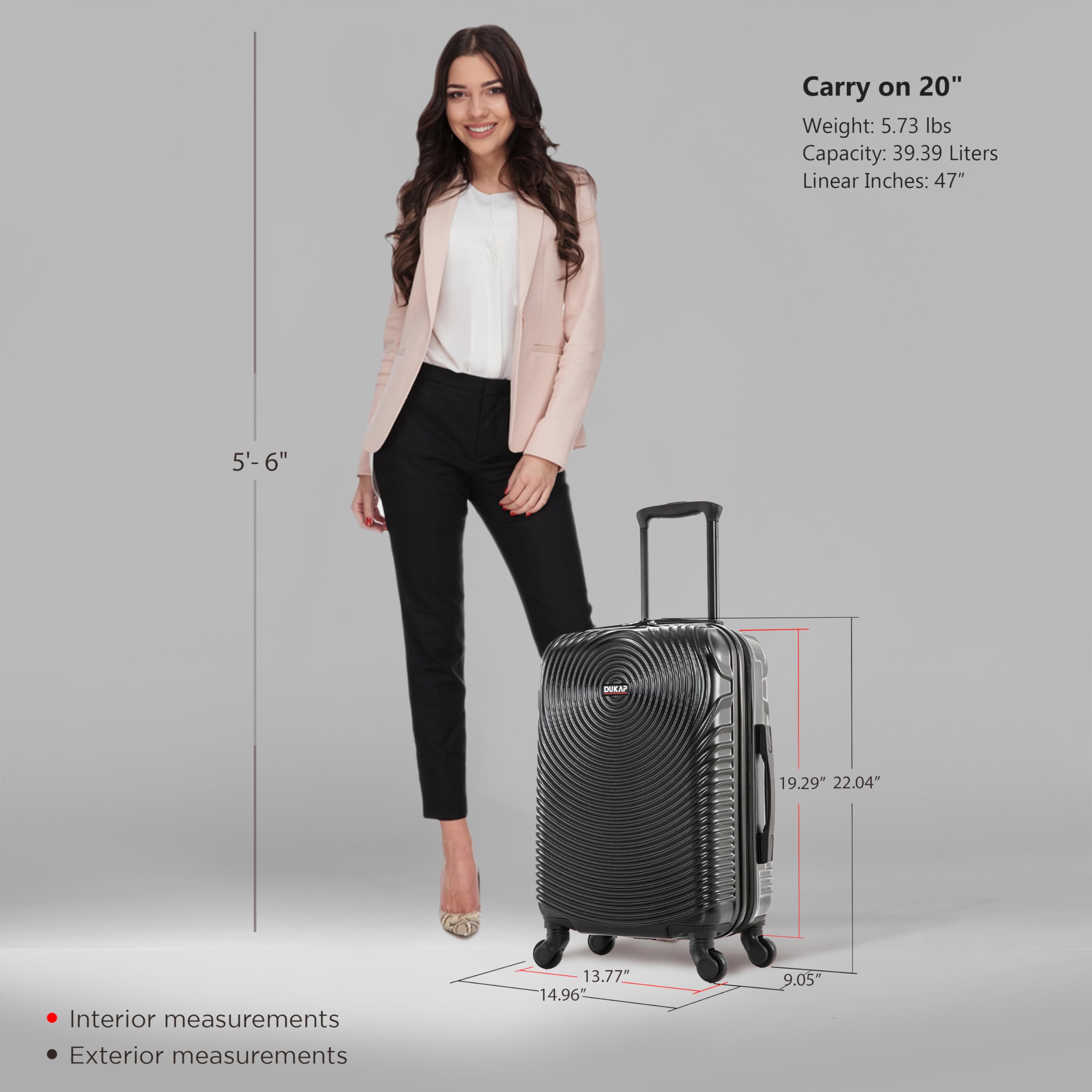 DUKAP INCEPTION 20-Inch Lightweight Hardshell Carry-On Luggage with 360° Spinner Wheels - Durable ABS Suitcase with Telescopic Handle & TSA Lock for Business Travel, Weekend Getaways & Airplane Cabin Use - Black
