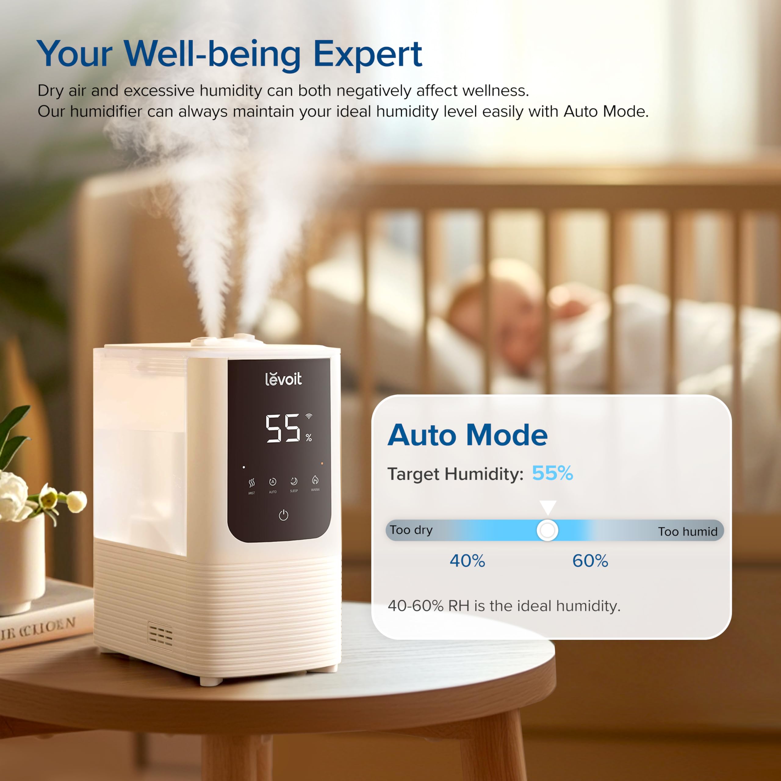 LEVOIT 4.5L Smart Humidifier with Cool & Warm Mist - Ultrasonic Top Fill Air Humidifier for Large Bedrooms, Home, Baby & Plants | Auto Humidity Control, Quiet Operation, Essential Oil Diffuser | Perfect for Dry Air Relief, Allergy Season & Nursery Comfort