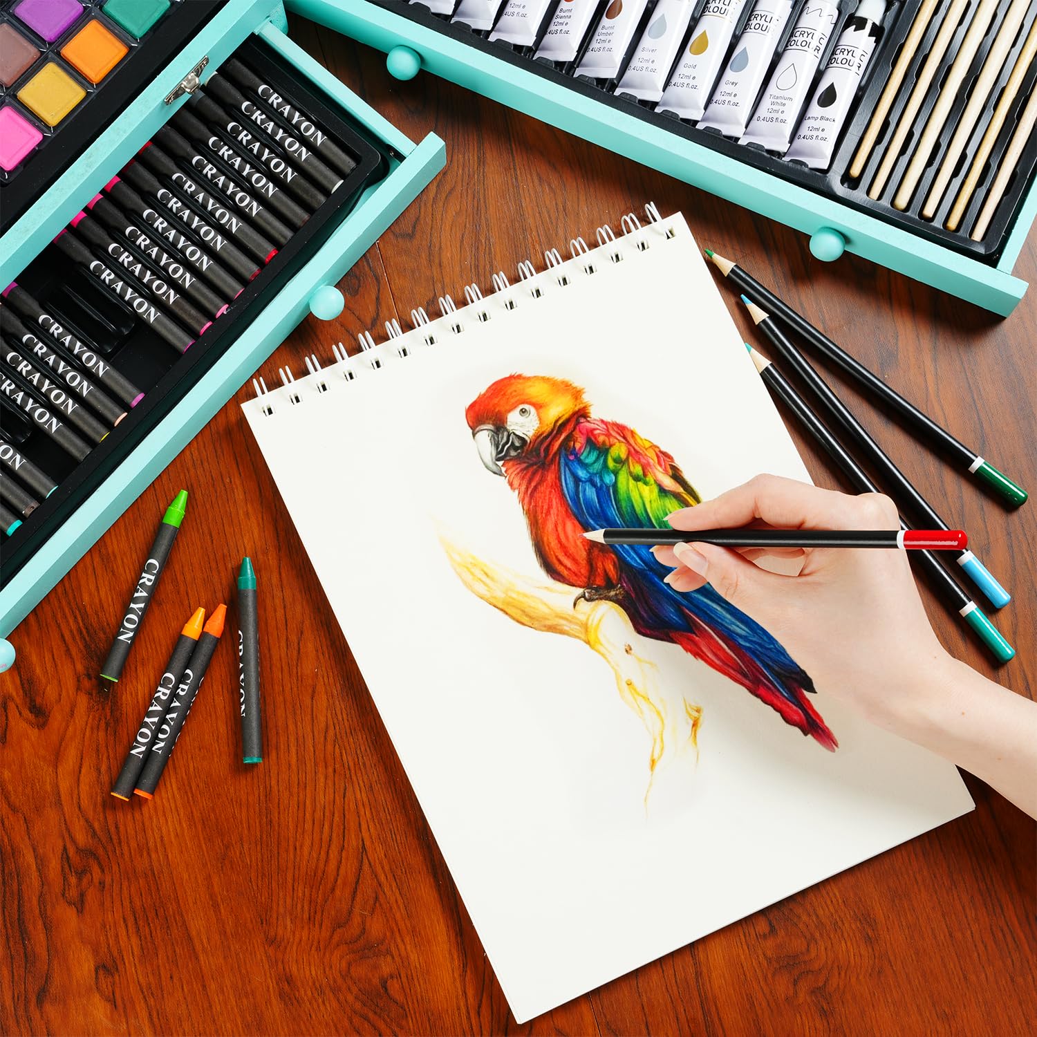 196-Piece Deluxe Art Kit with Acrylic Paints, Oil Pastels, Crayons & Colored Pencils - Includes 5 Drawing Pads, Canvases & Wooden Storage Box - Perfect Gift for Kids, Teens & Adult Beginners - Ideal for Home, School & DIY Art Projects