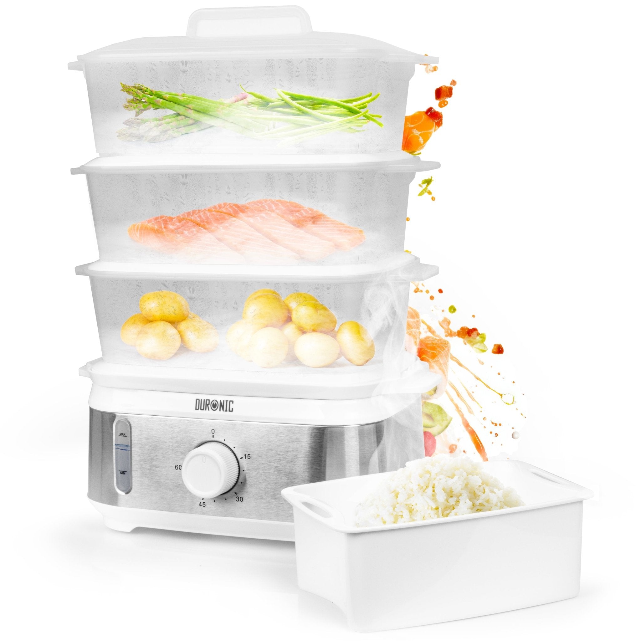 Duronic FS95 3-Tier Electric Food Steamer - 9L Capacity for Vegetables, Rice, Meat, Dumplings & Fish - Healthy Cooking Steamer for Baby Food, Eggs & More - Perfect for Meal Prep & Healthy Eating at Home